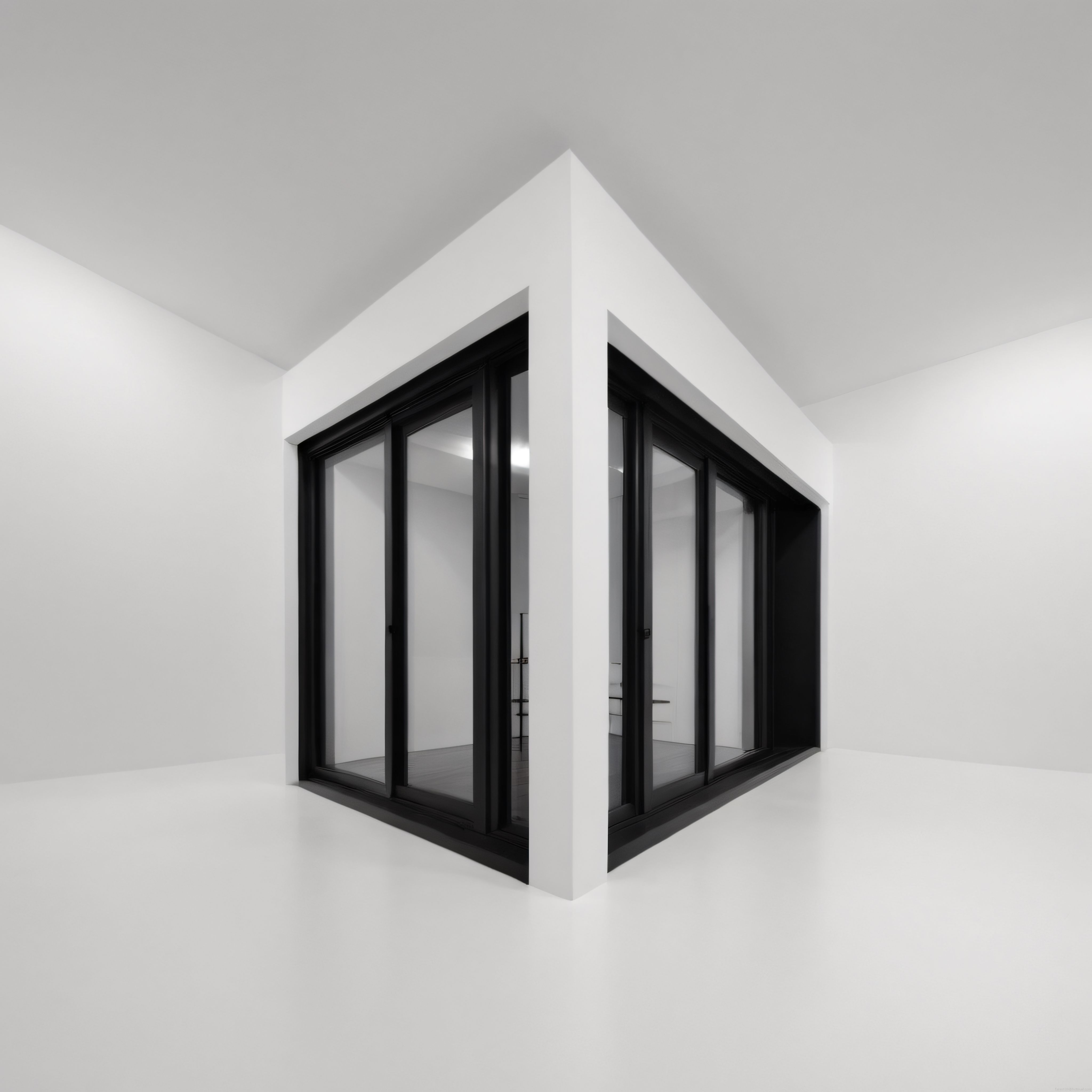 minimalist beyaz iç mekanda siyah çerçeveli cam kapıların modern mimari uyumu