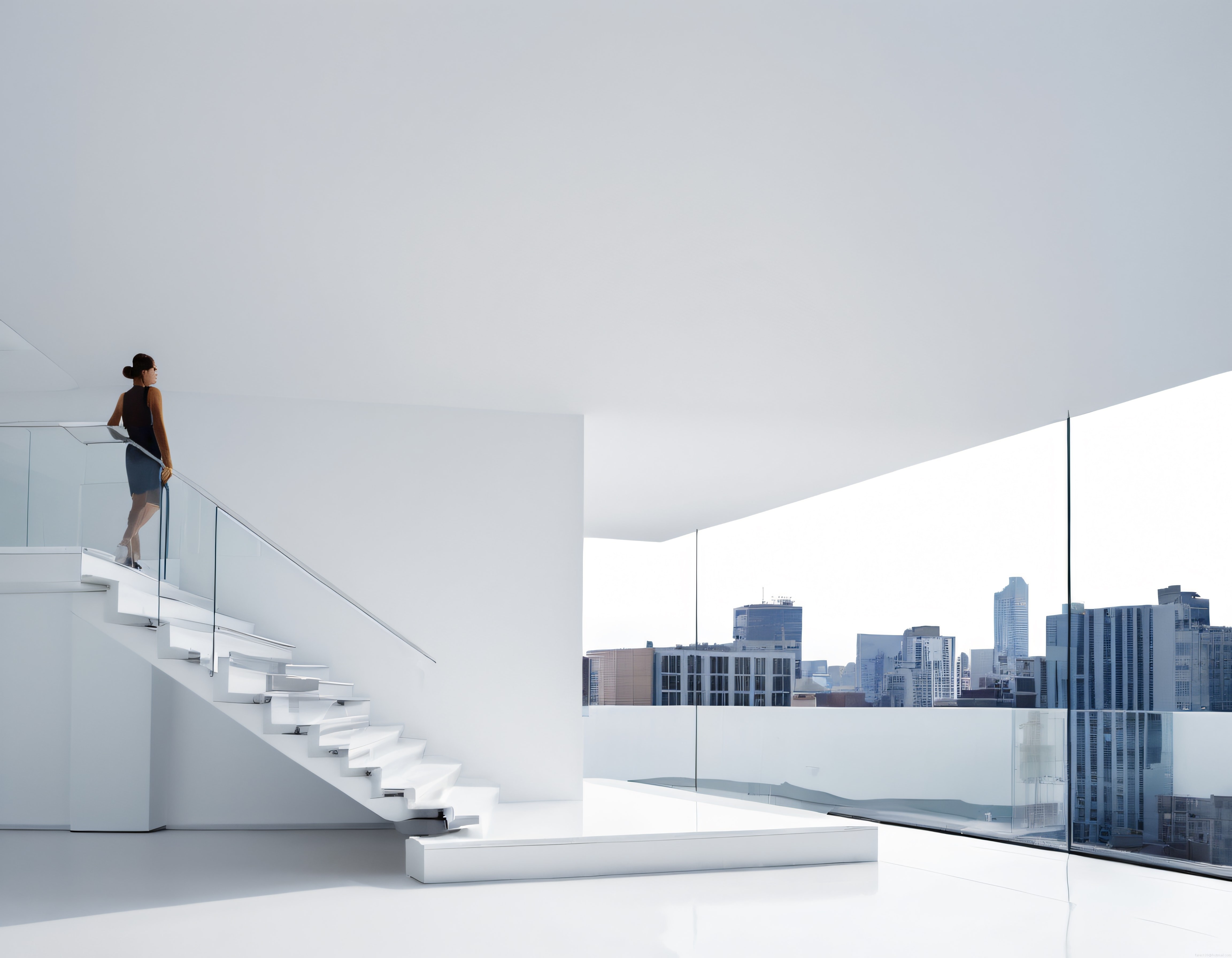 Minimalist Beyaz İç Mekanda Yüzen Merdiven ve Panoramik Şehir Manzarası