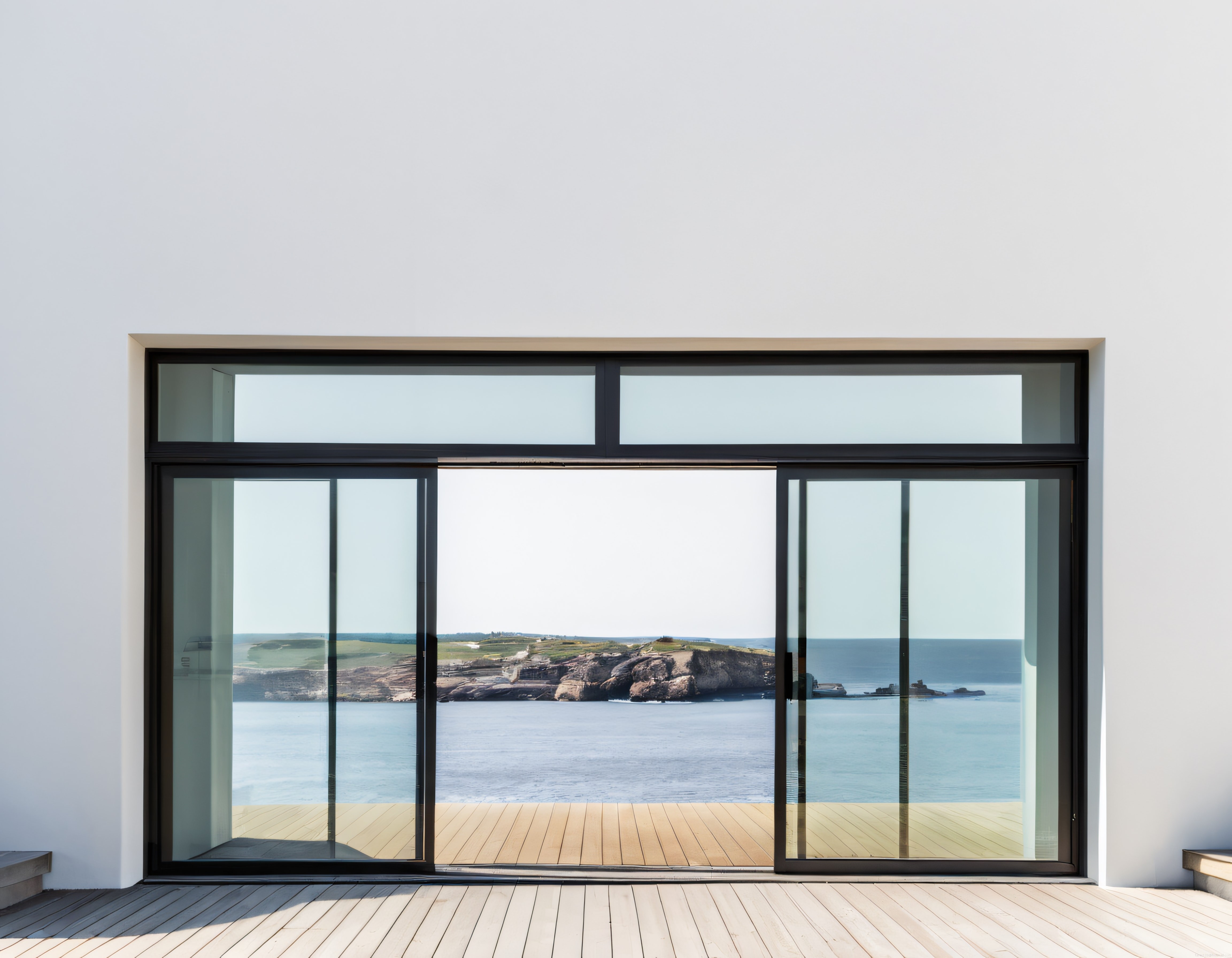 Minimalist beyaz iç mekandan sürgülü kapılarla açılan mavi deniz manzarası