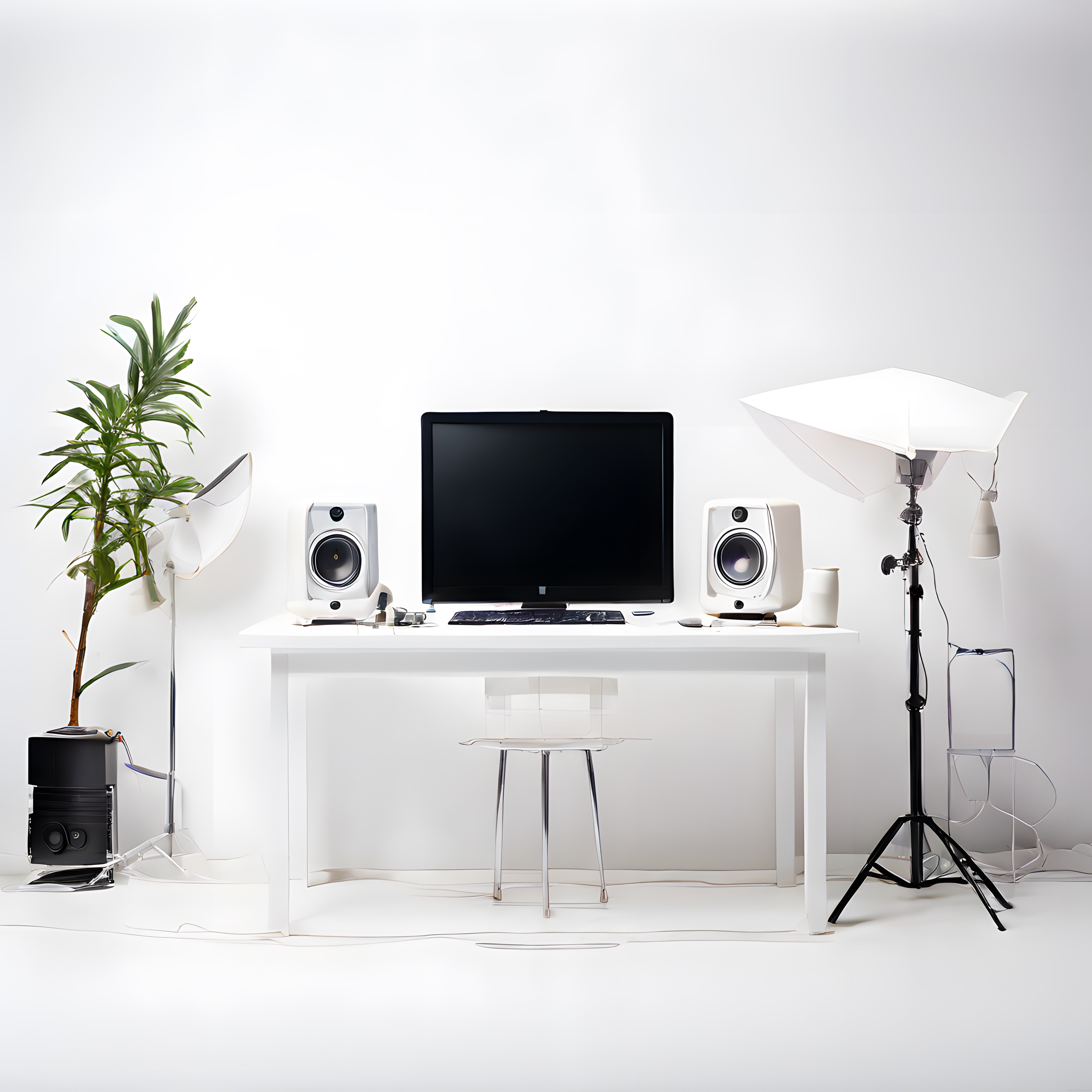 Minimalist Beyaz İçerik Üretim Stüdyosu ve Home Office Masası Düzeni