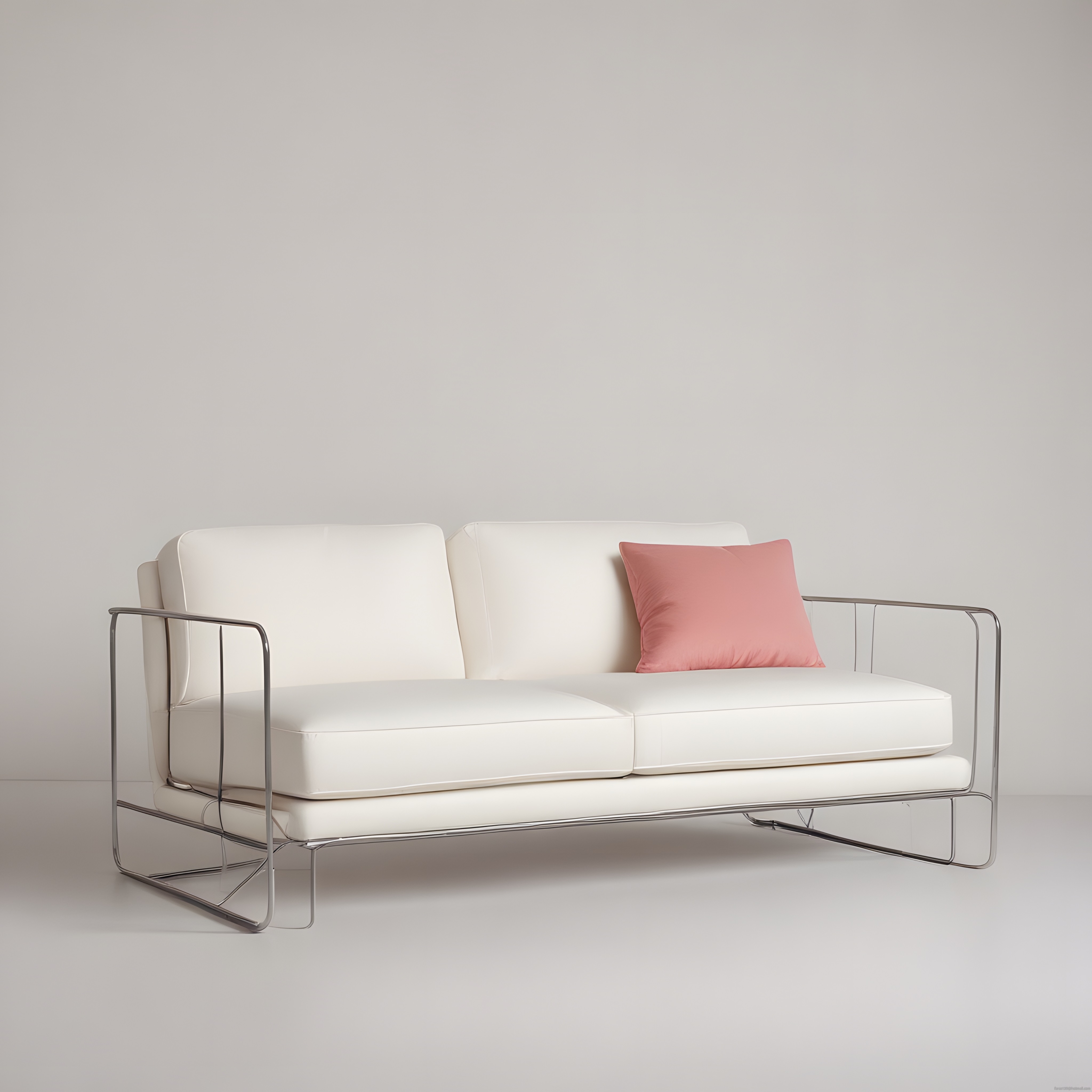 Minimalist beyaz ikili koltuk ve pembe yastık ile sade iç mekan dekorasyonu