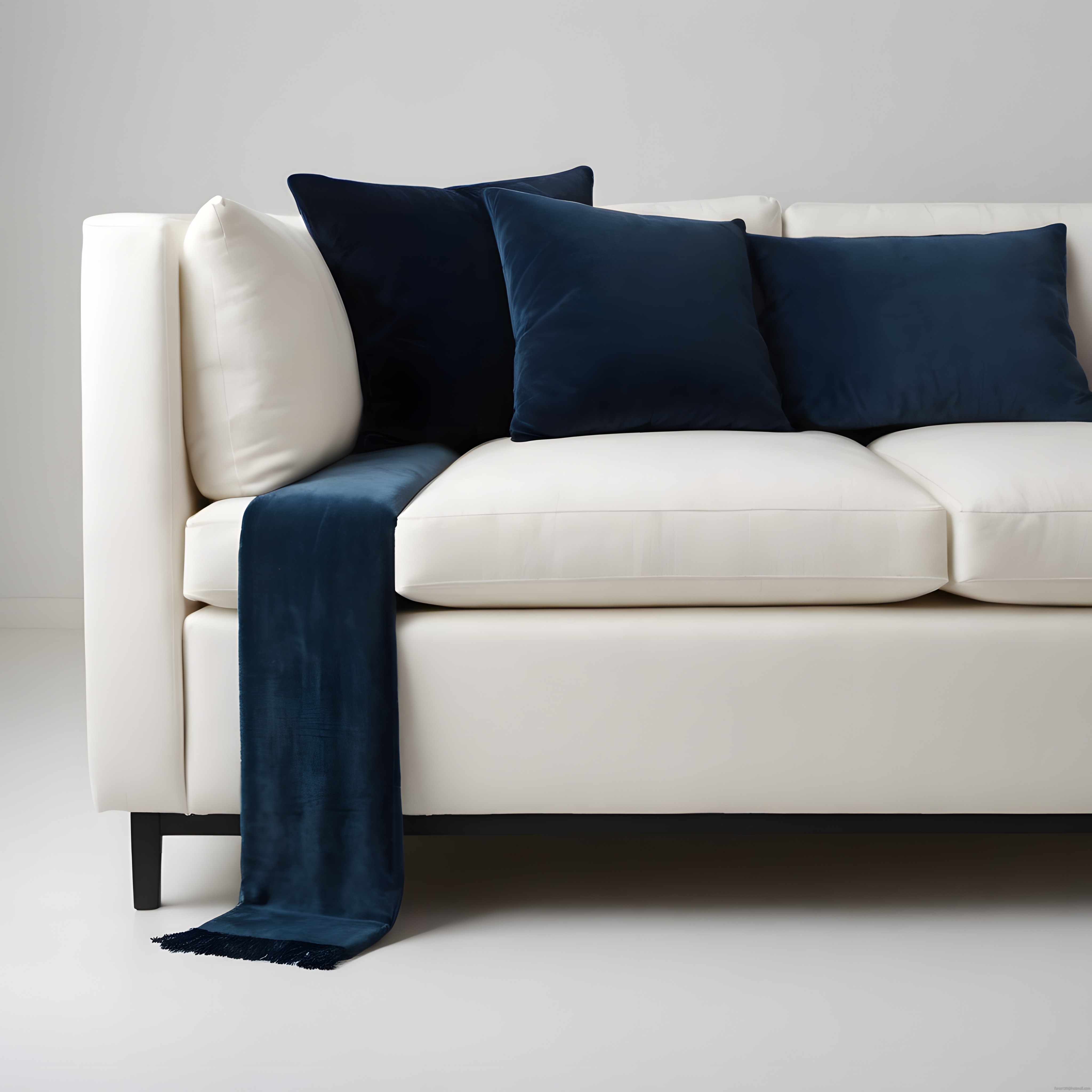 minimalist beyaz kanepe lacivert kadife yastıklar ve modern salon dekorasyonu