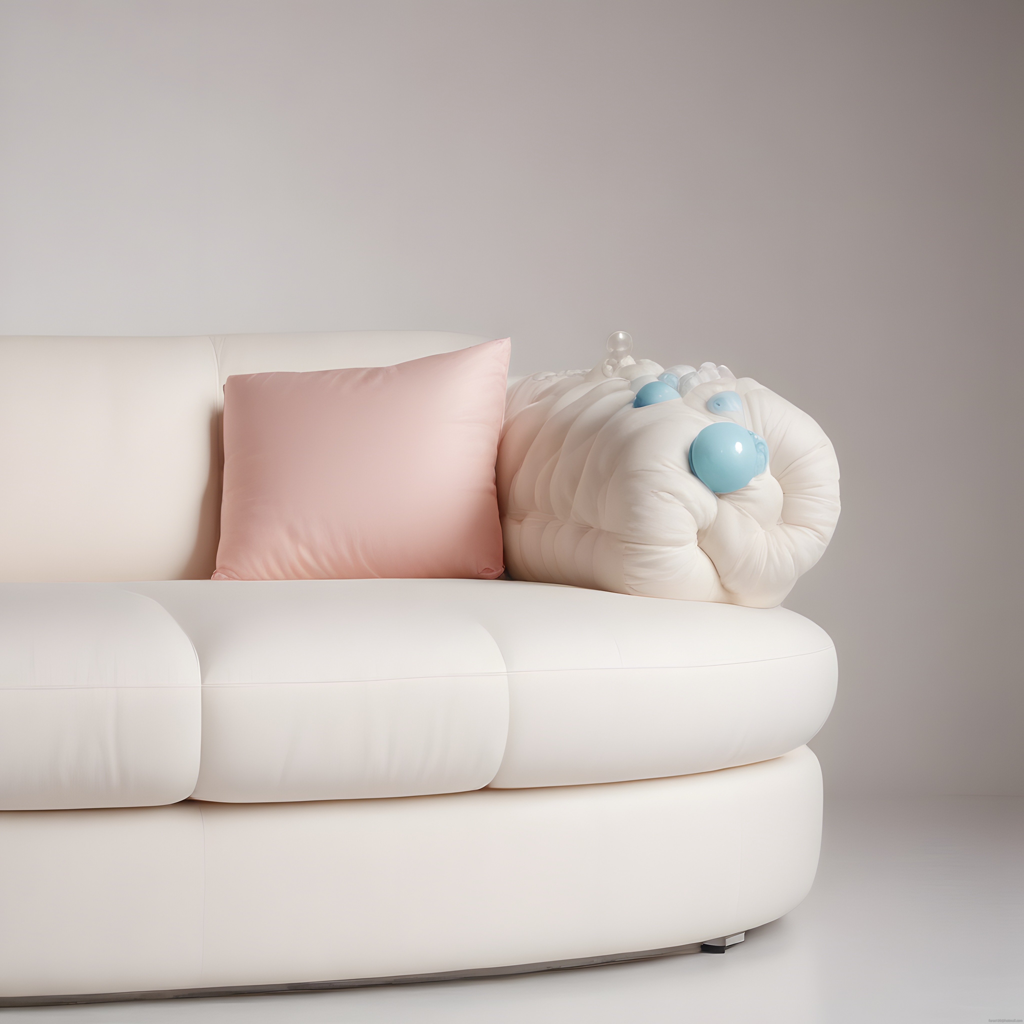 Minimalist Beyaz Kanepe Pembe Yastık ve Mavi Balon Süslemeli Stüdyo Çekimi