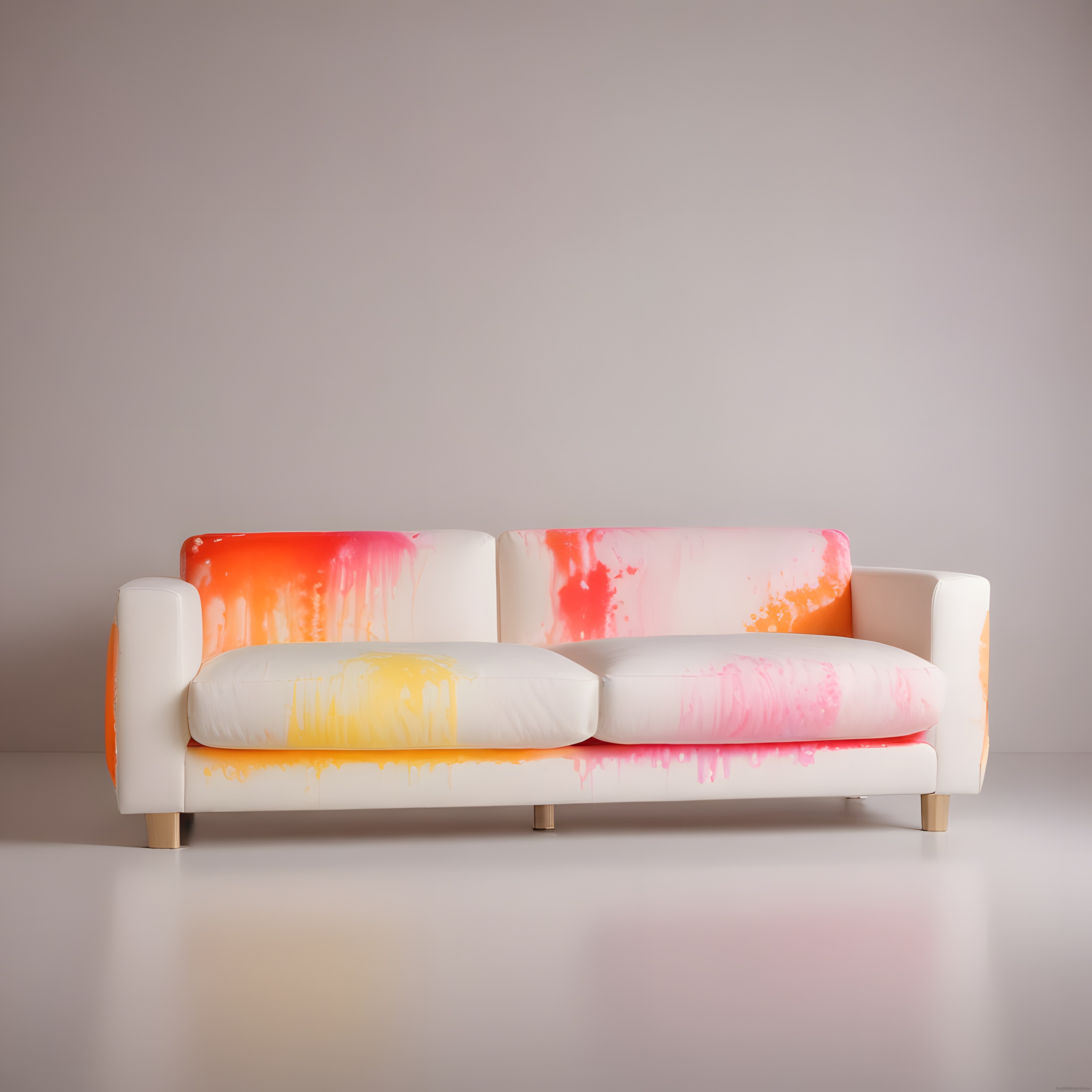 Minimalist Beyaz Kanepe Üzerinde Canlı Turuncu ve Pembe Boya Efektleri