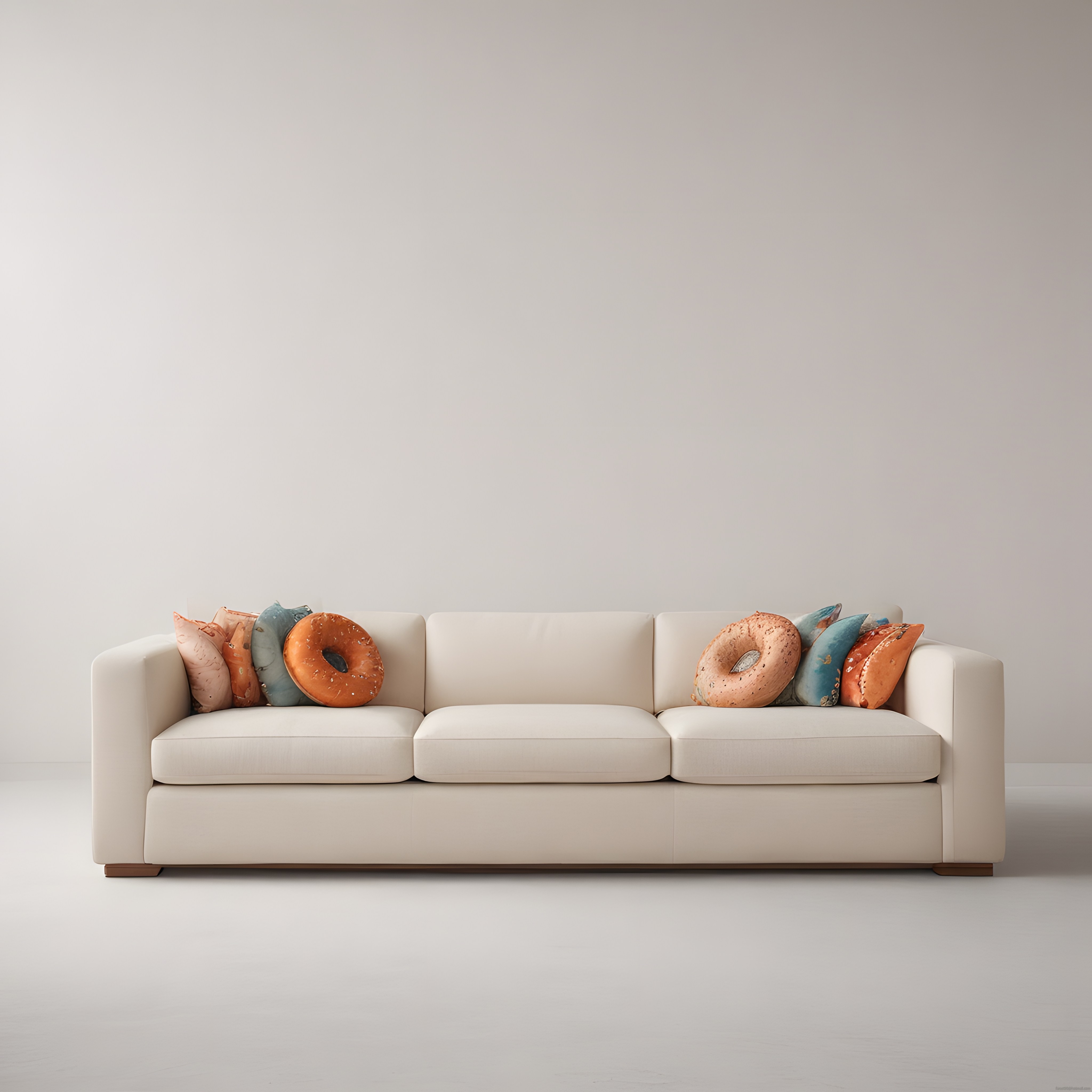 Minimalist Beyaz Kanepe Üzerinde Renkli Donut ve Bagel Şeklinde Dekoratif Yastıklar