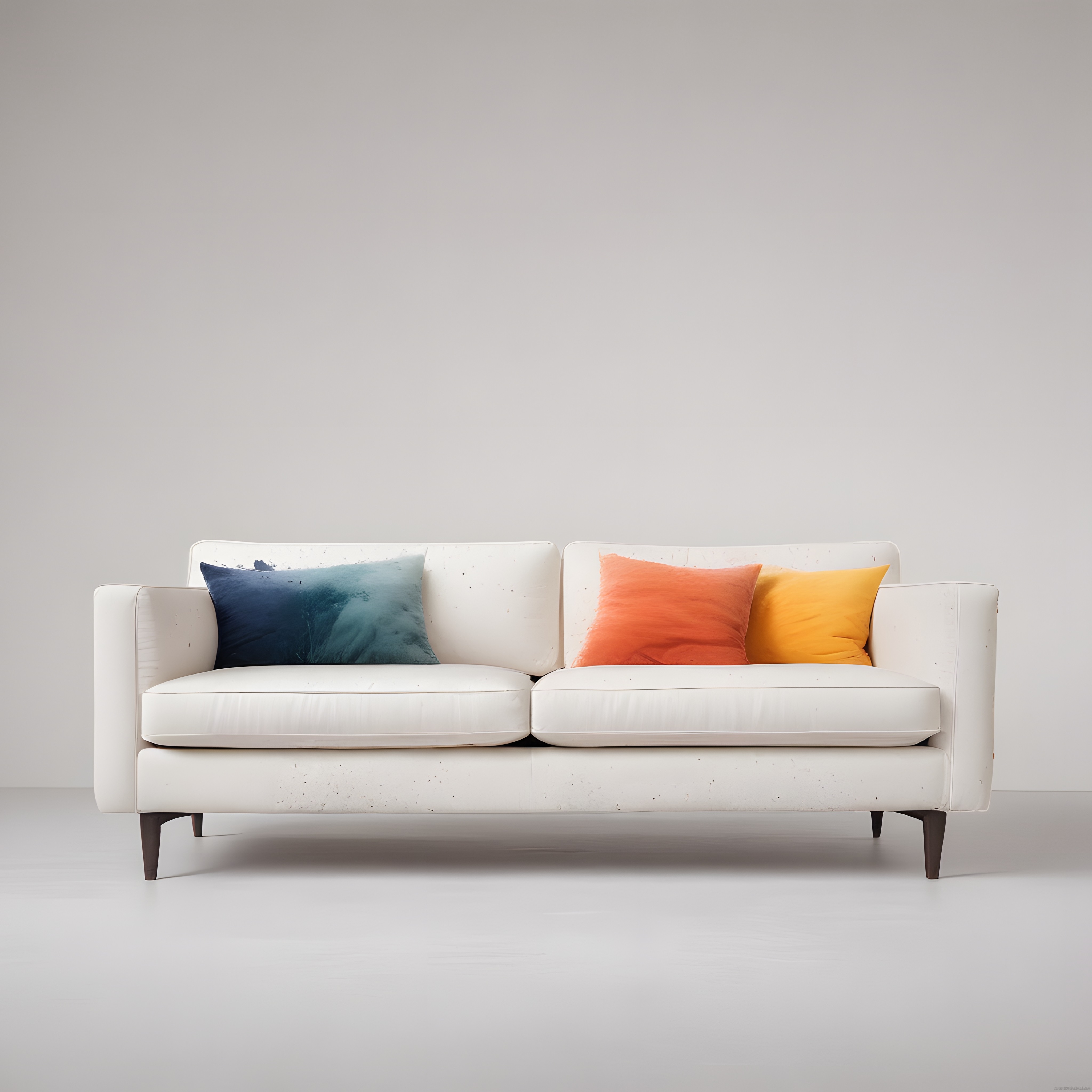 minimalist beyaz kanepe üzerinde renkli yastıklarla modern ve sade salon dekorasyonu
