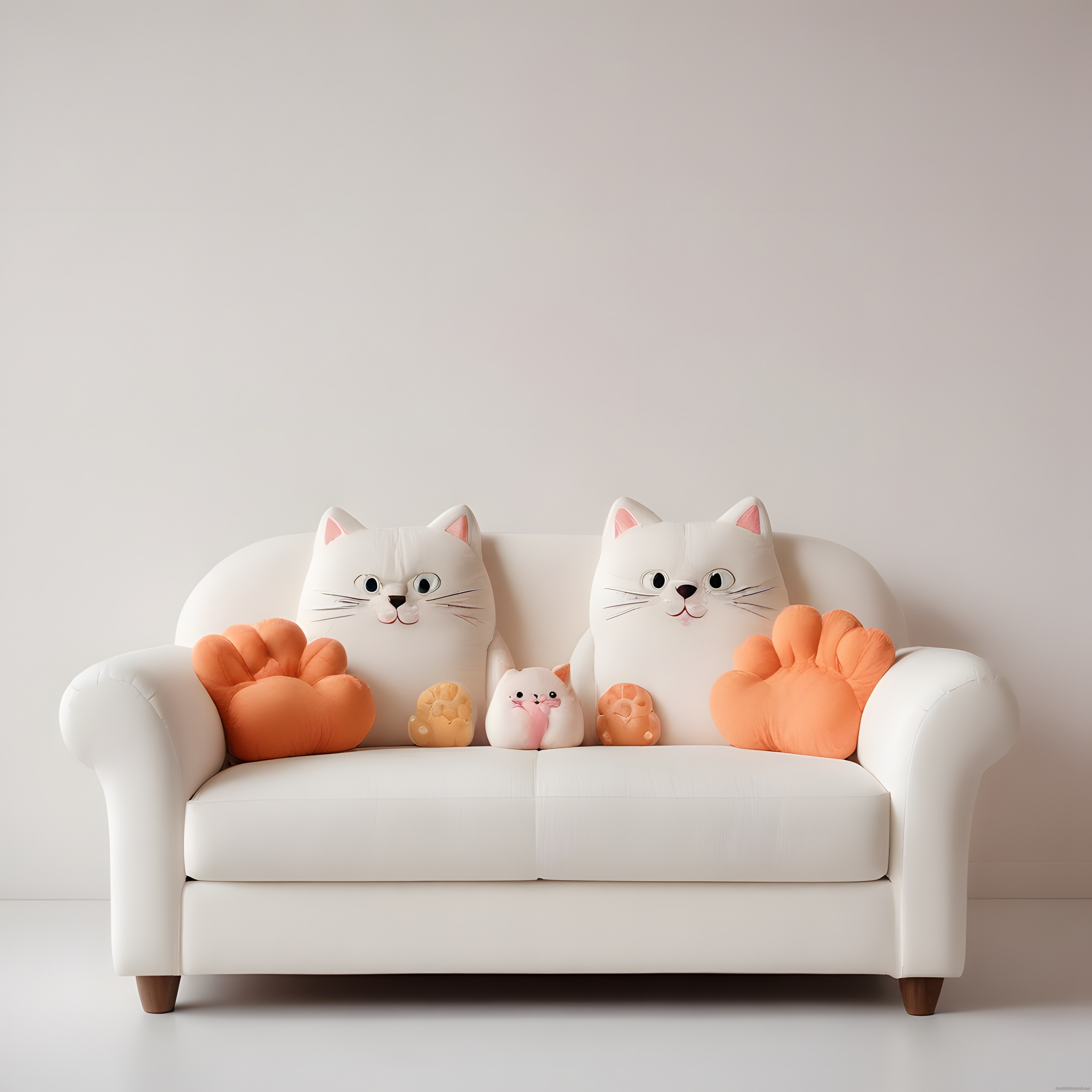 Minimalist Beyaz Kanepe Üzerinde Sevimli Kedi Figürlü Yastıklar