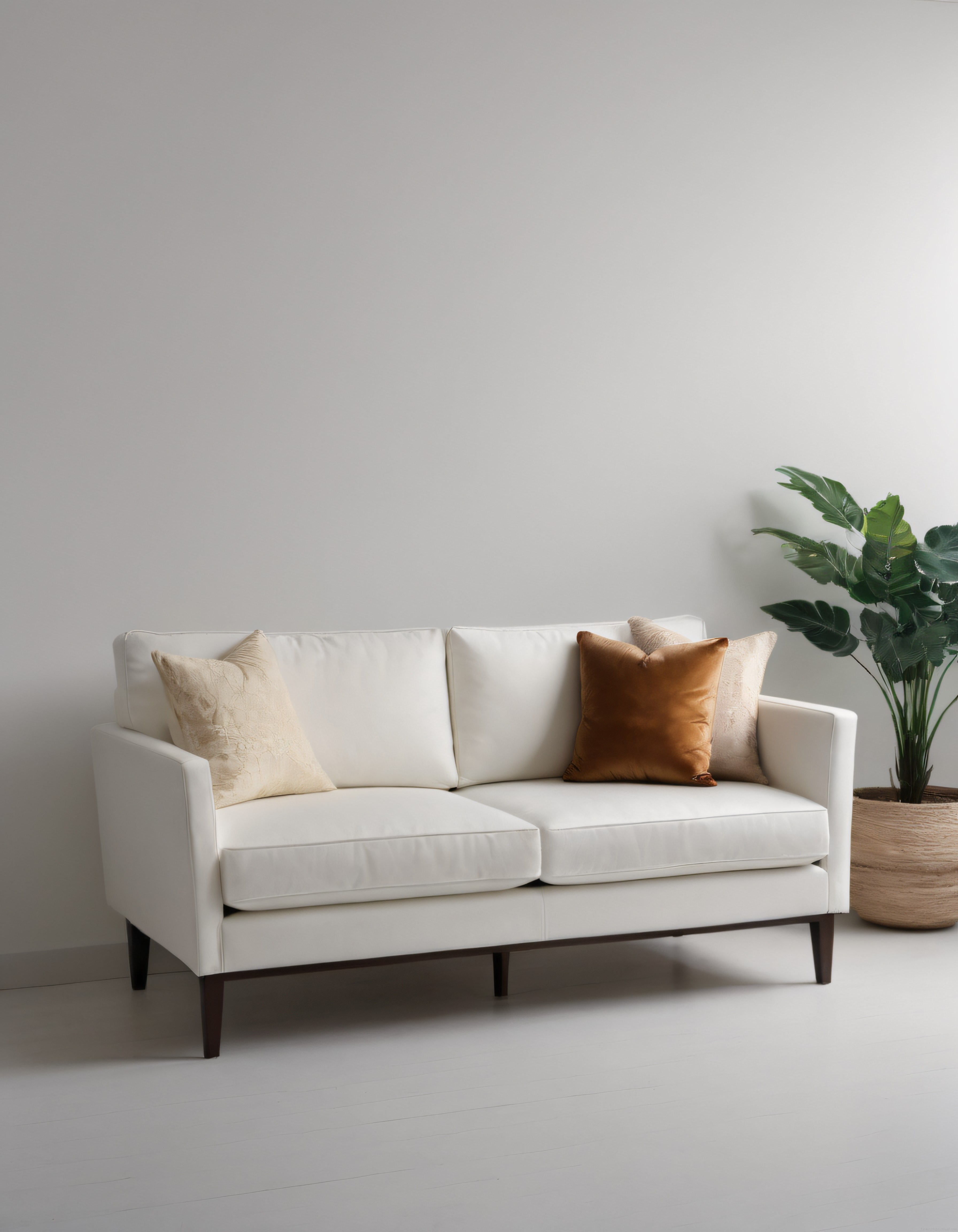 Minimalist Beyaz Kanepe ve Bitki Detaylı Modern Salon Dekorasyonu
