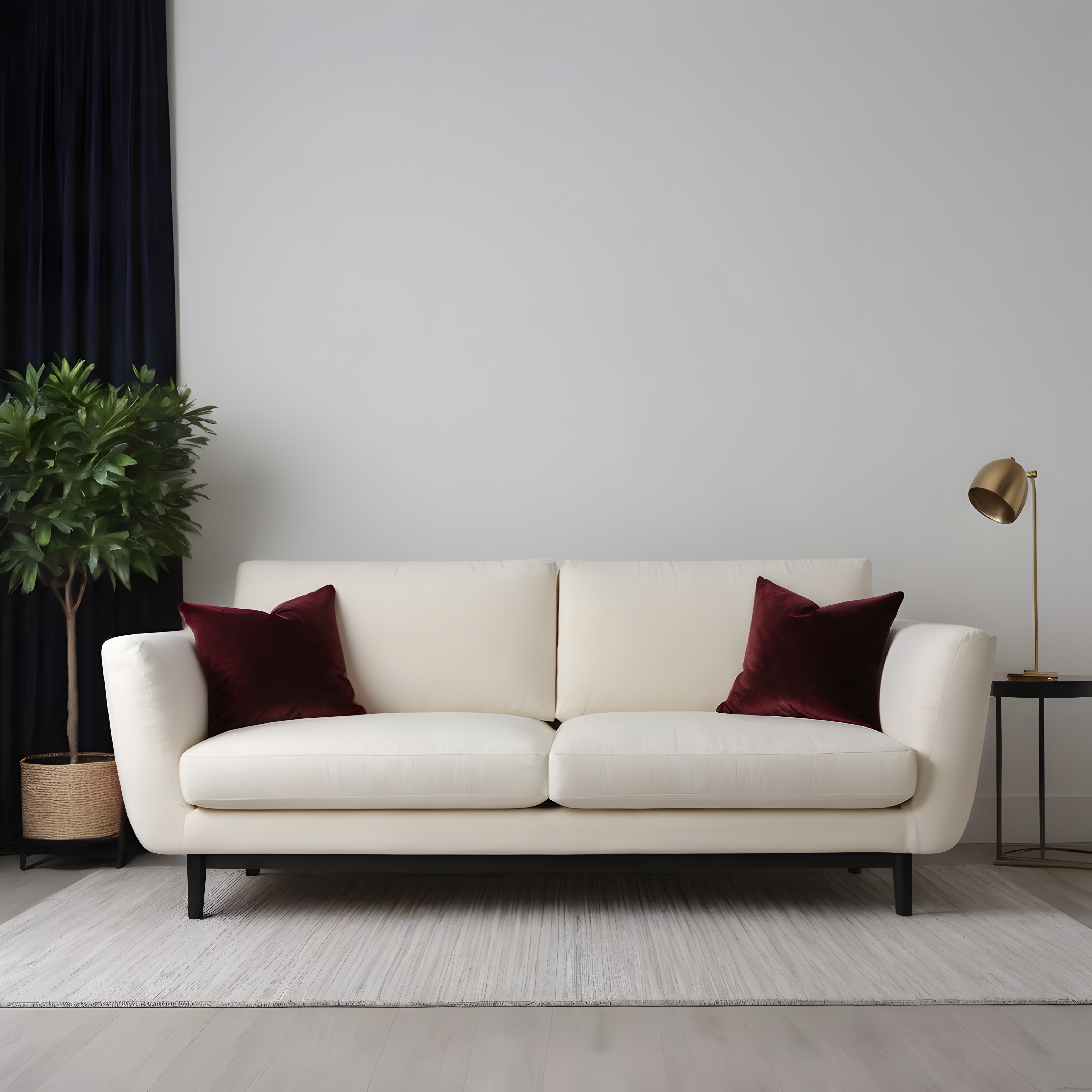 Minimalist Beyaz Kanepe ve Bordo Yastıklarla Modern Salon Dekorasyonu