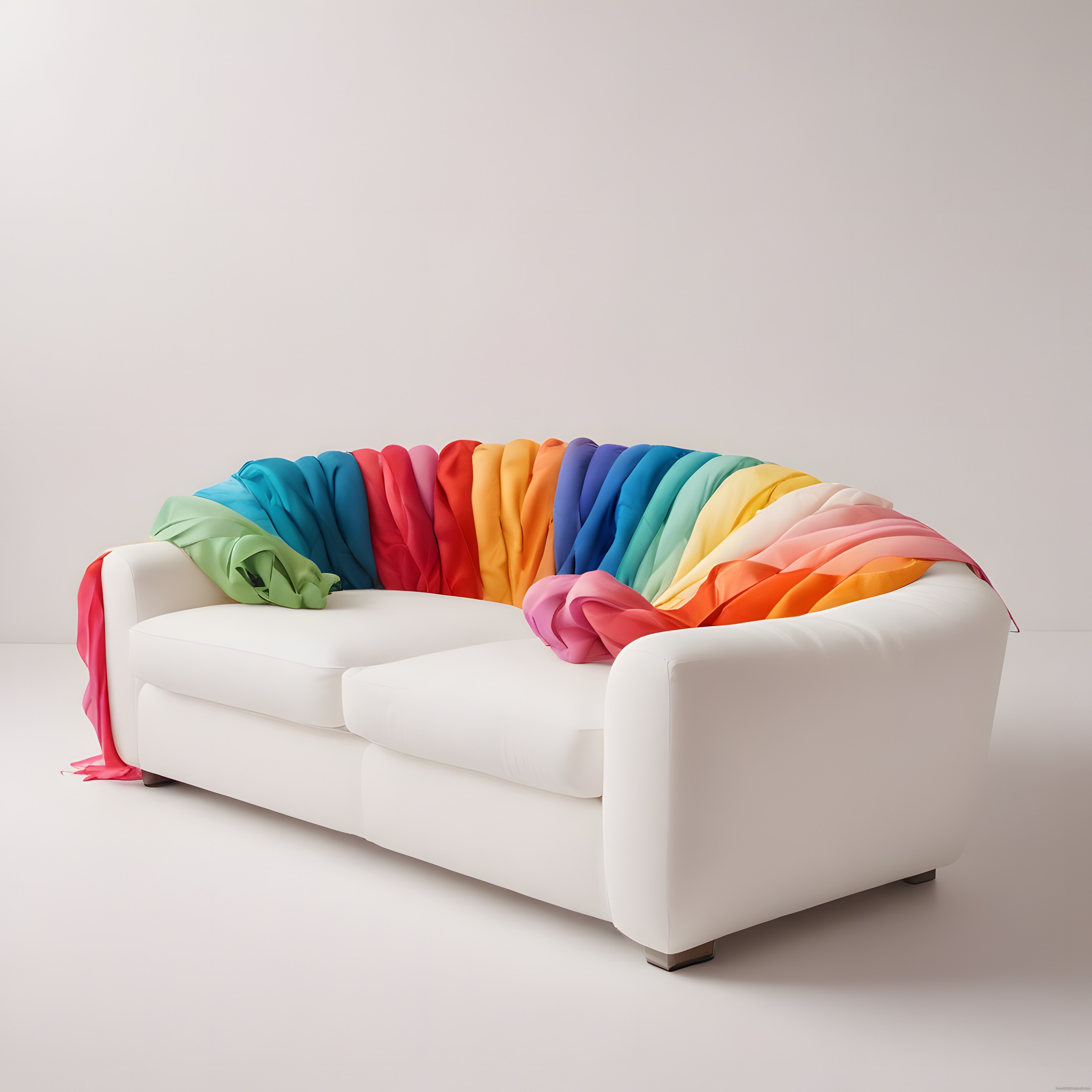 Minimalist Beyaz Kanepe ve Gökkuşağı Renklerinde Dekoratif Kumaş Dizilimi