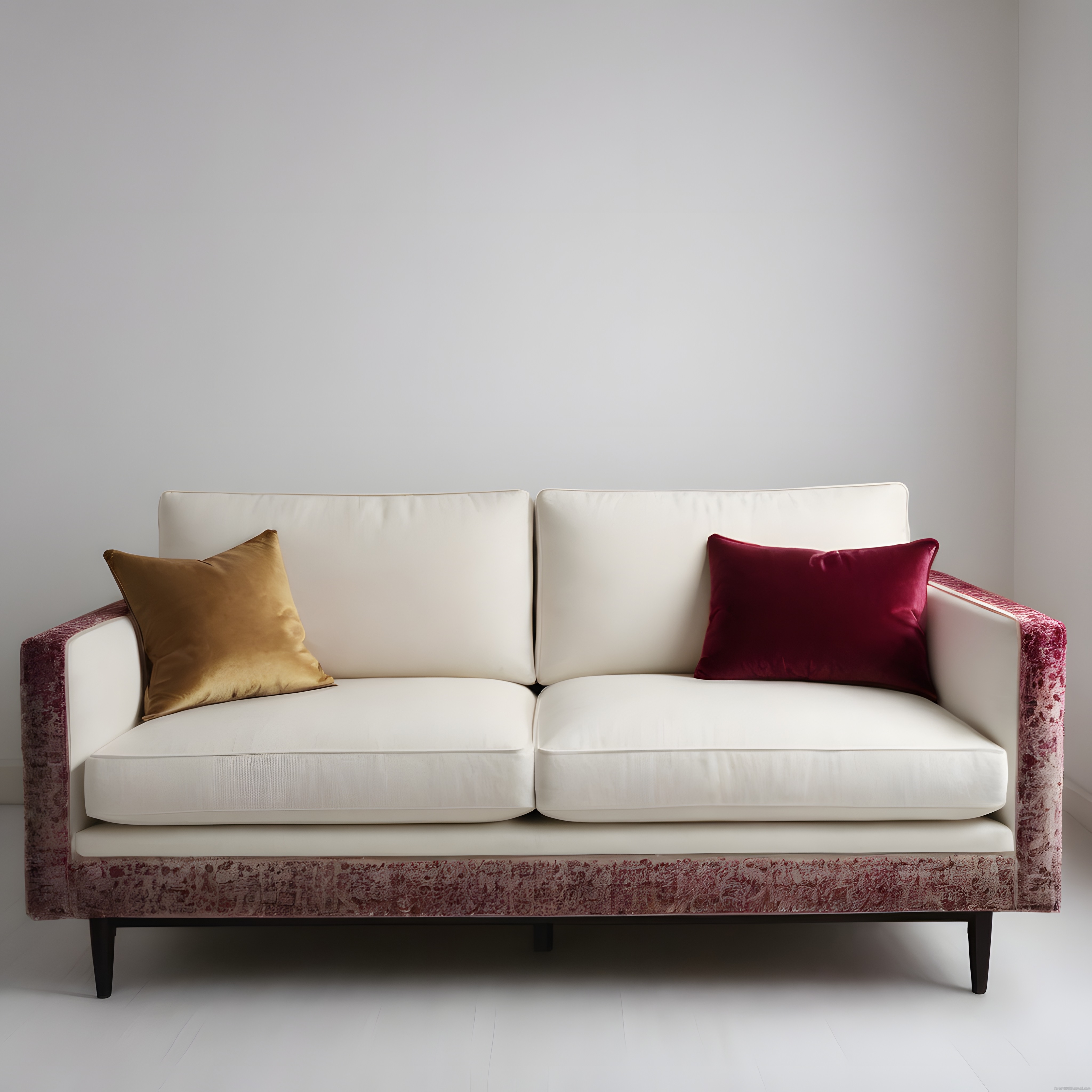 Minimalist Beyaz Kanepe ve Kadife Yastıklarla Zarif Salon Dekorasyonu