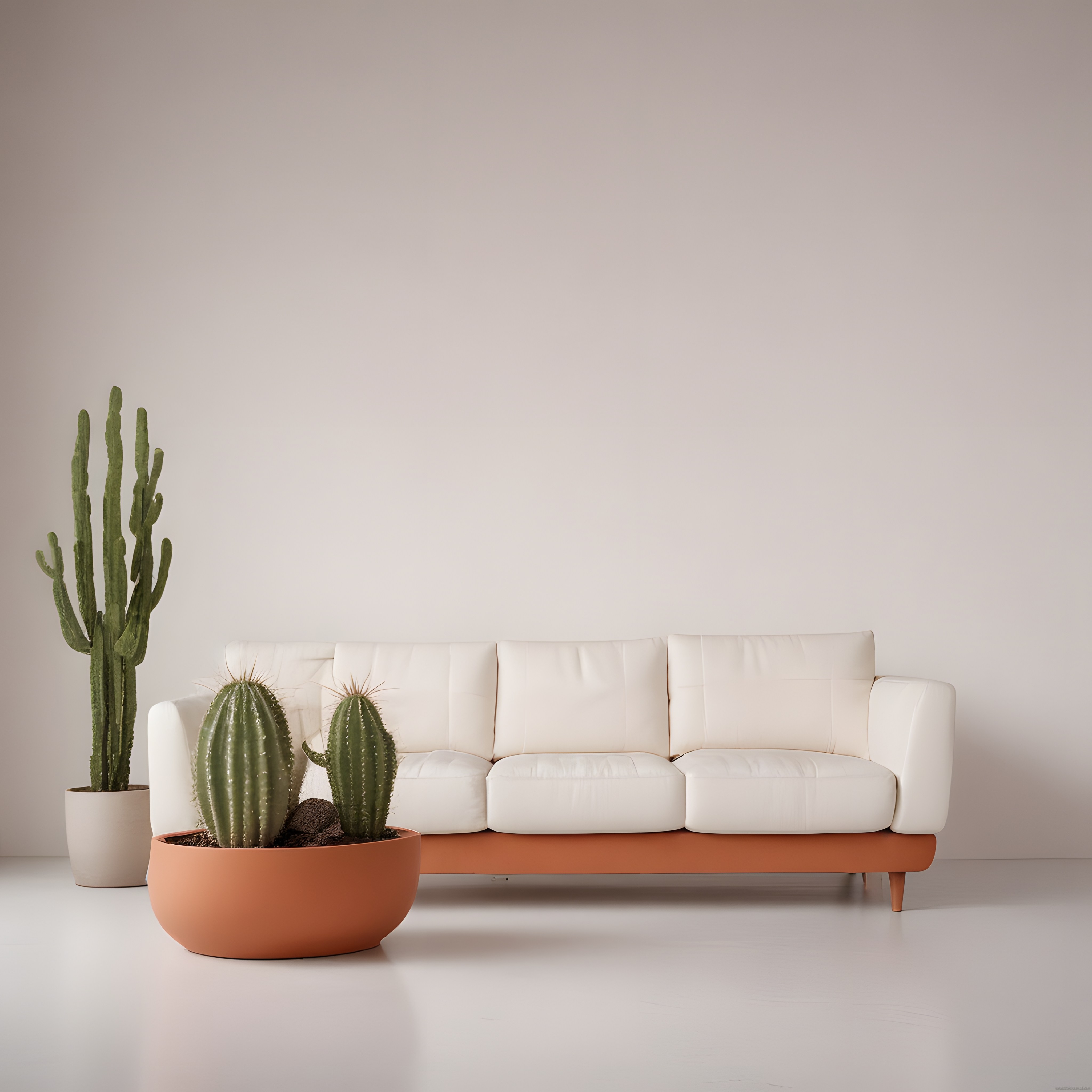 Minimalist Beyaz Kanepe ve Kaktüslerle Süslenmiş Sıcak Bir Salon Atmosferi