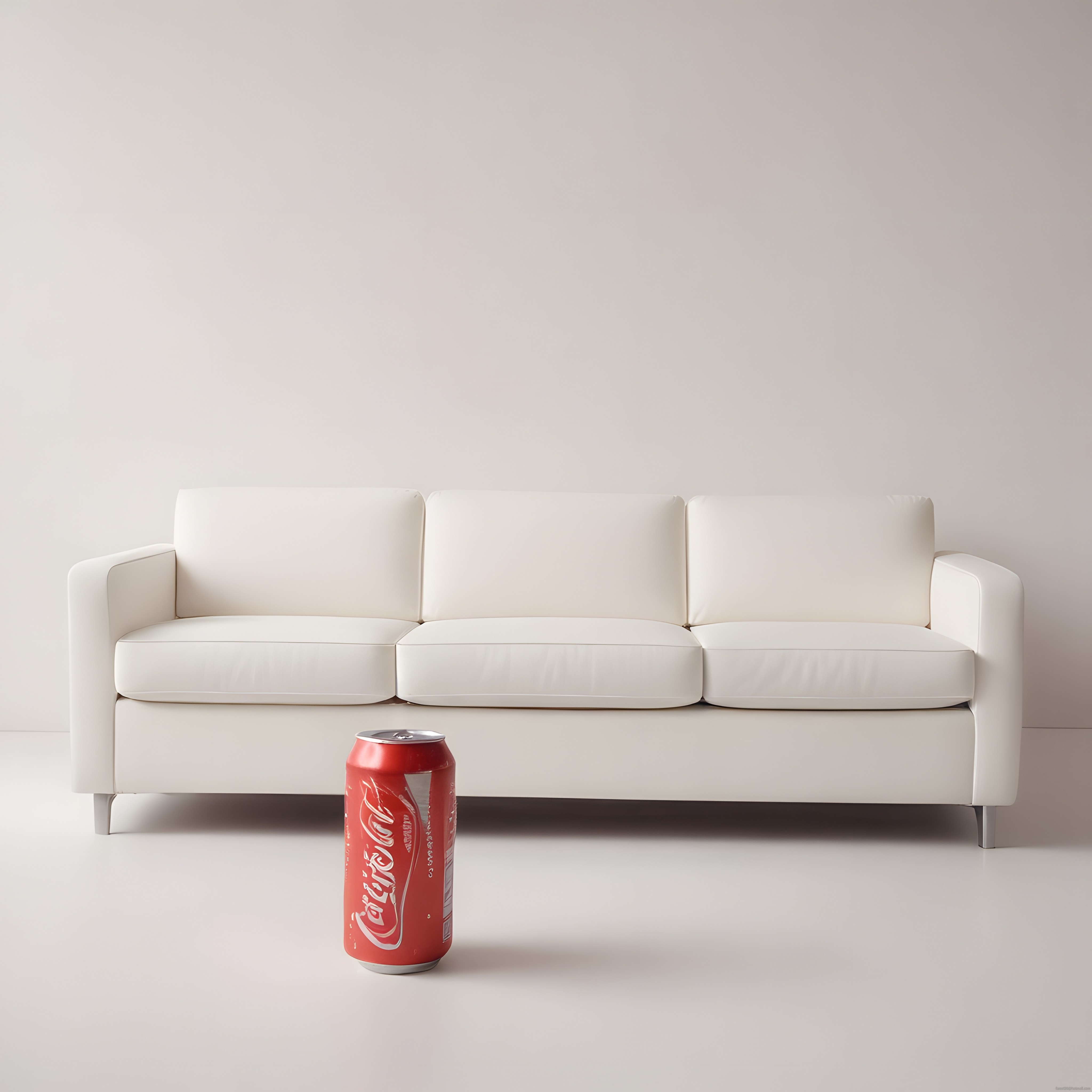 Minimalist beyaz kanepe ve kırmızı gazlı içecek kutusu dekorasyonu