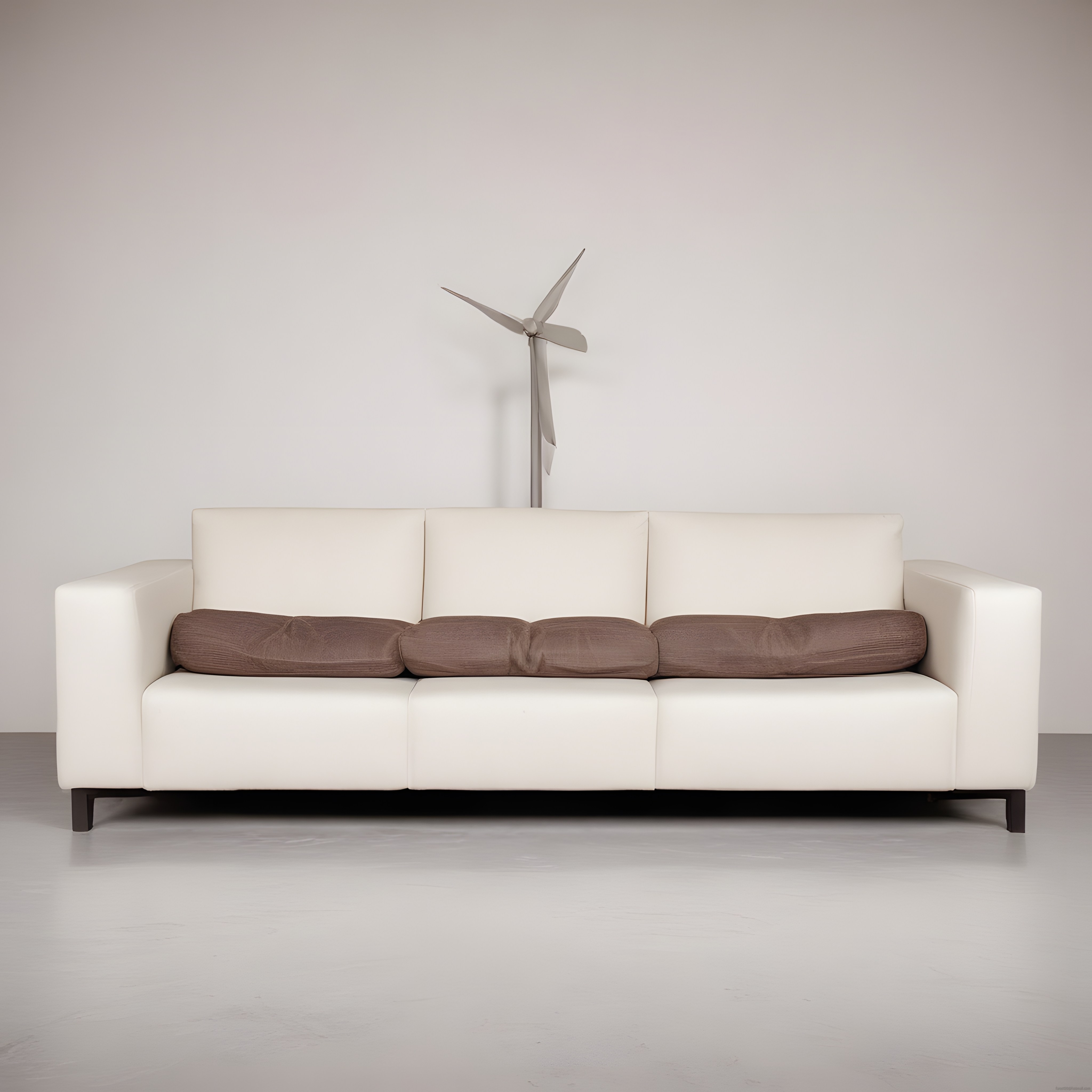 Minimalist Beyaz Kanepe ve Modern Dekoratif Rüzgar Türbini ile Sade Ev İç Mekan Tasarımı