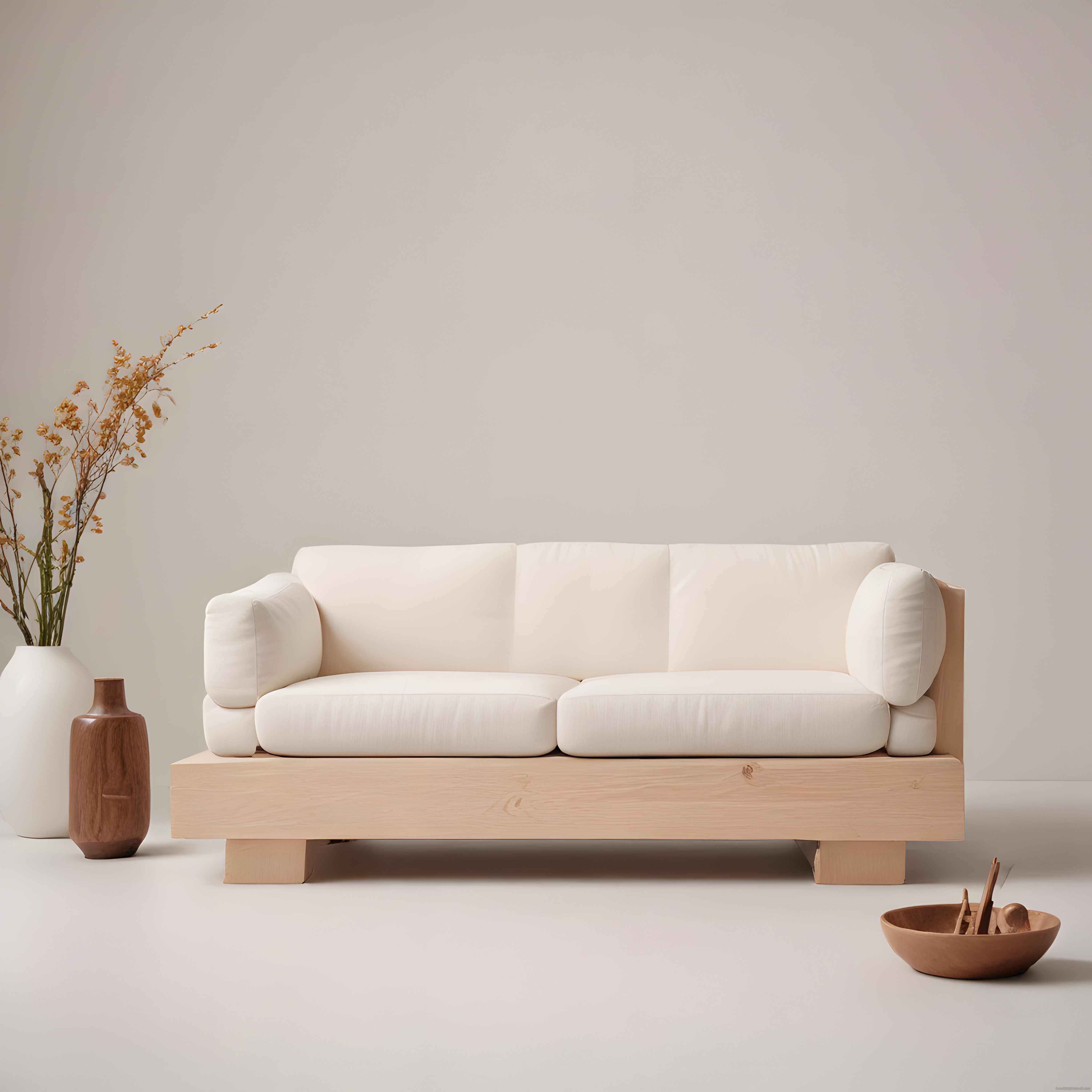 Minimalist Beyaz Kanepe ve Naturel Ahşap Detaylı Sade Salon Dekorasyonu
