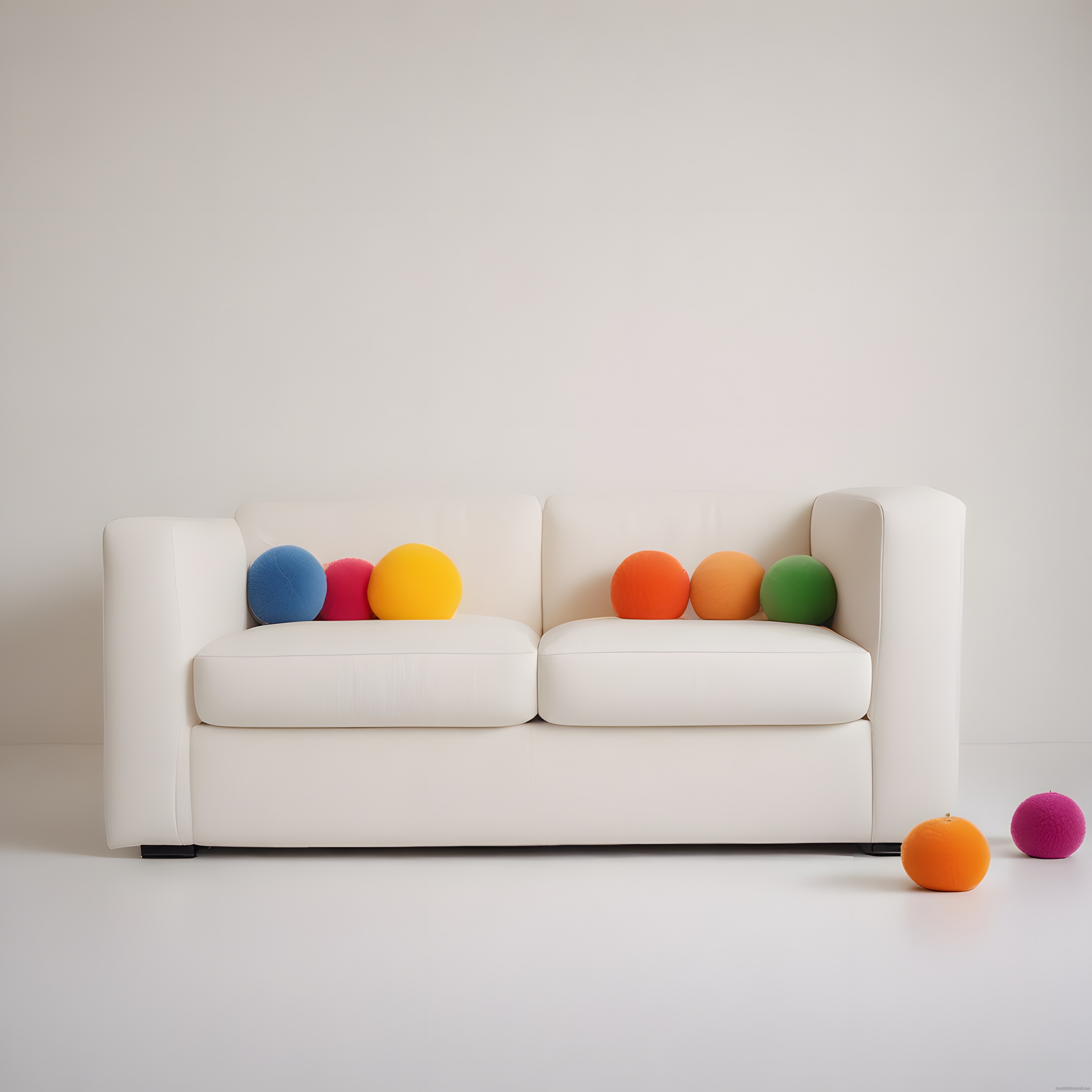 Minimalist beyaz kanepe ve renkli yuvarlak yastıklarla modern dekorasyon