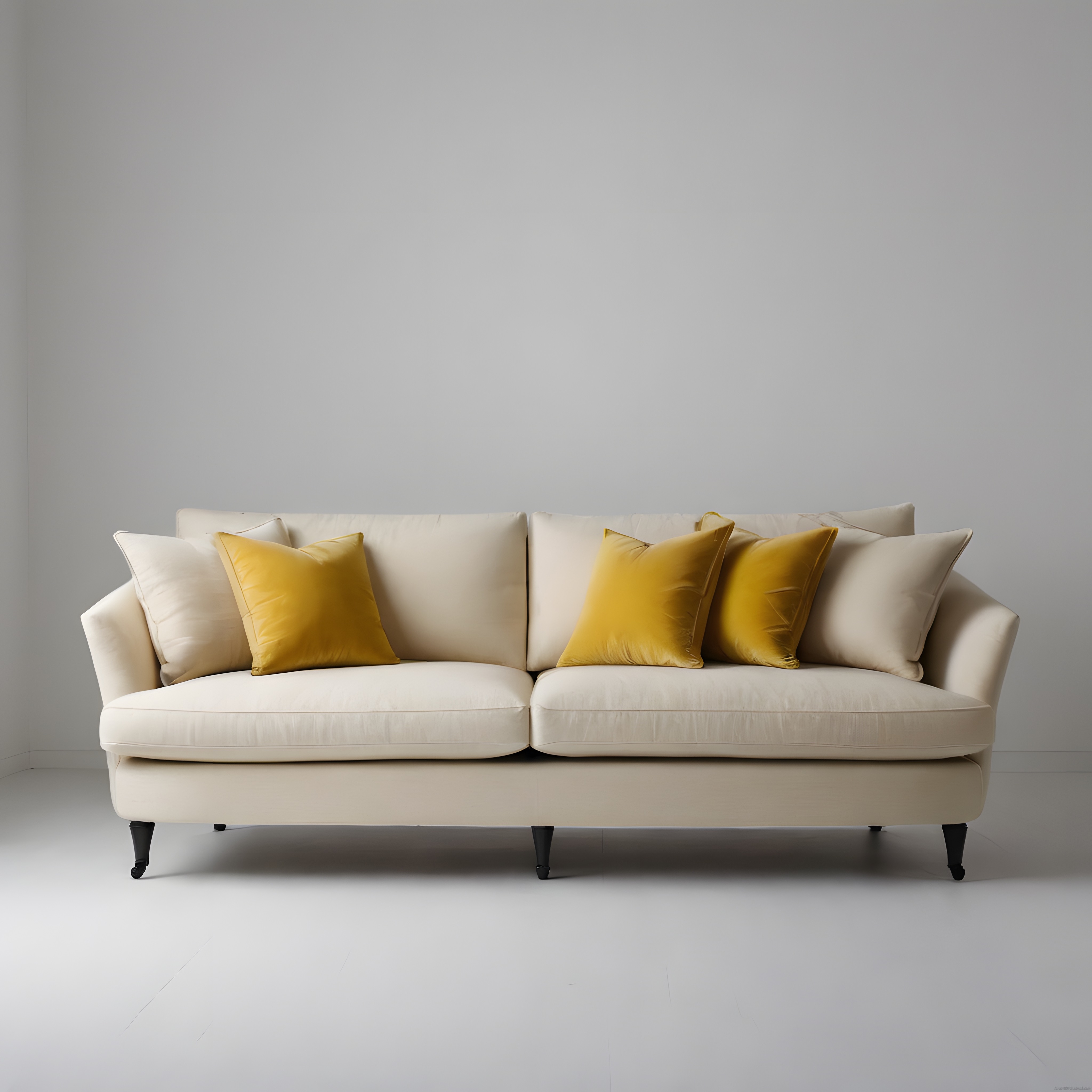 Minimalist Beyaz Kanepe ve Sarı Kadife Yastıklarla Modern Salon Dekorasyonu