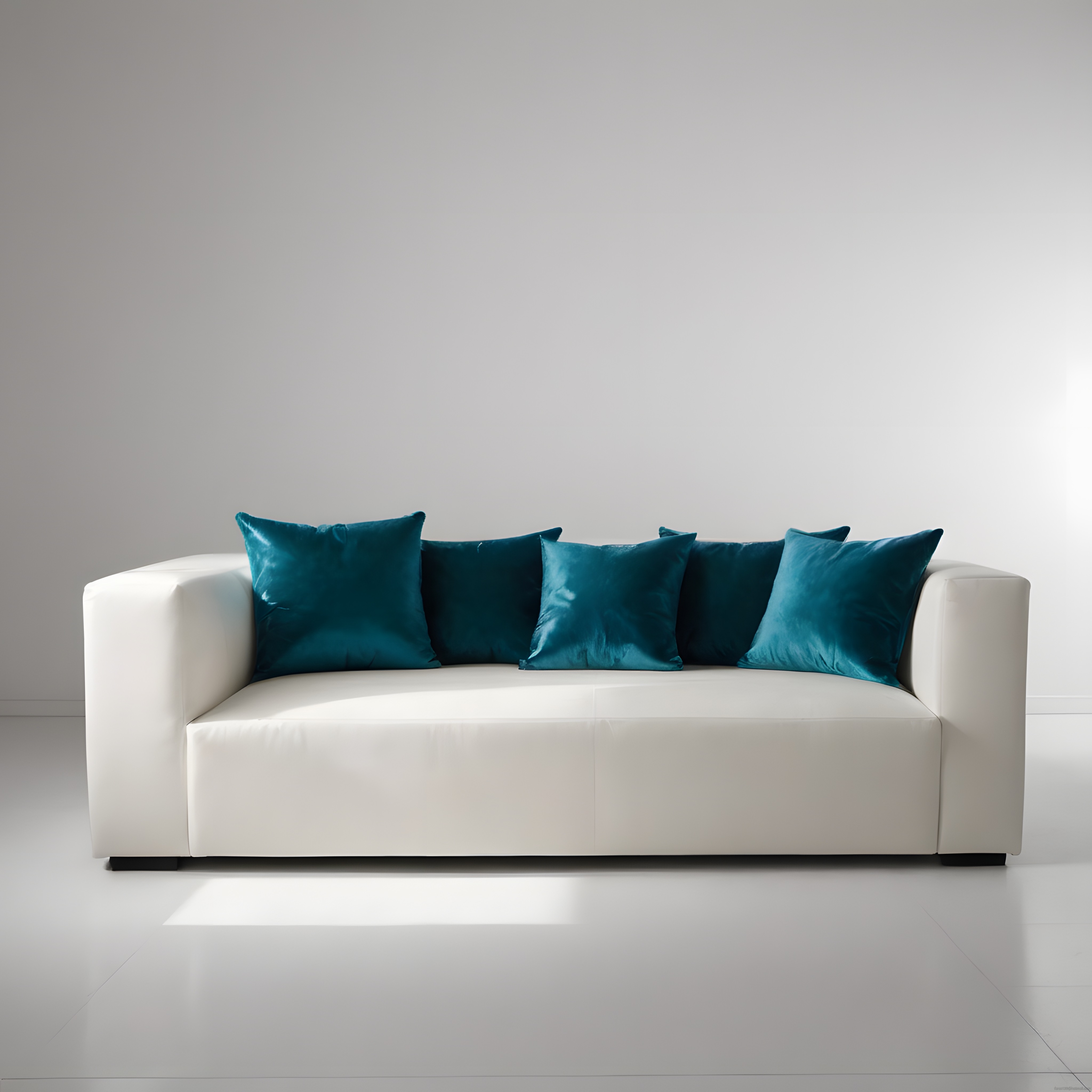 Minimalist Beyaz Kanepe ve Turkuaz Yastıklarla Modern Salon Dekorasyonu