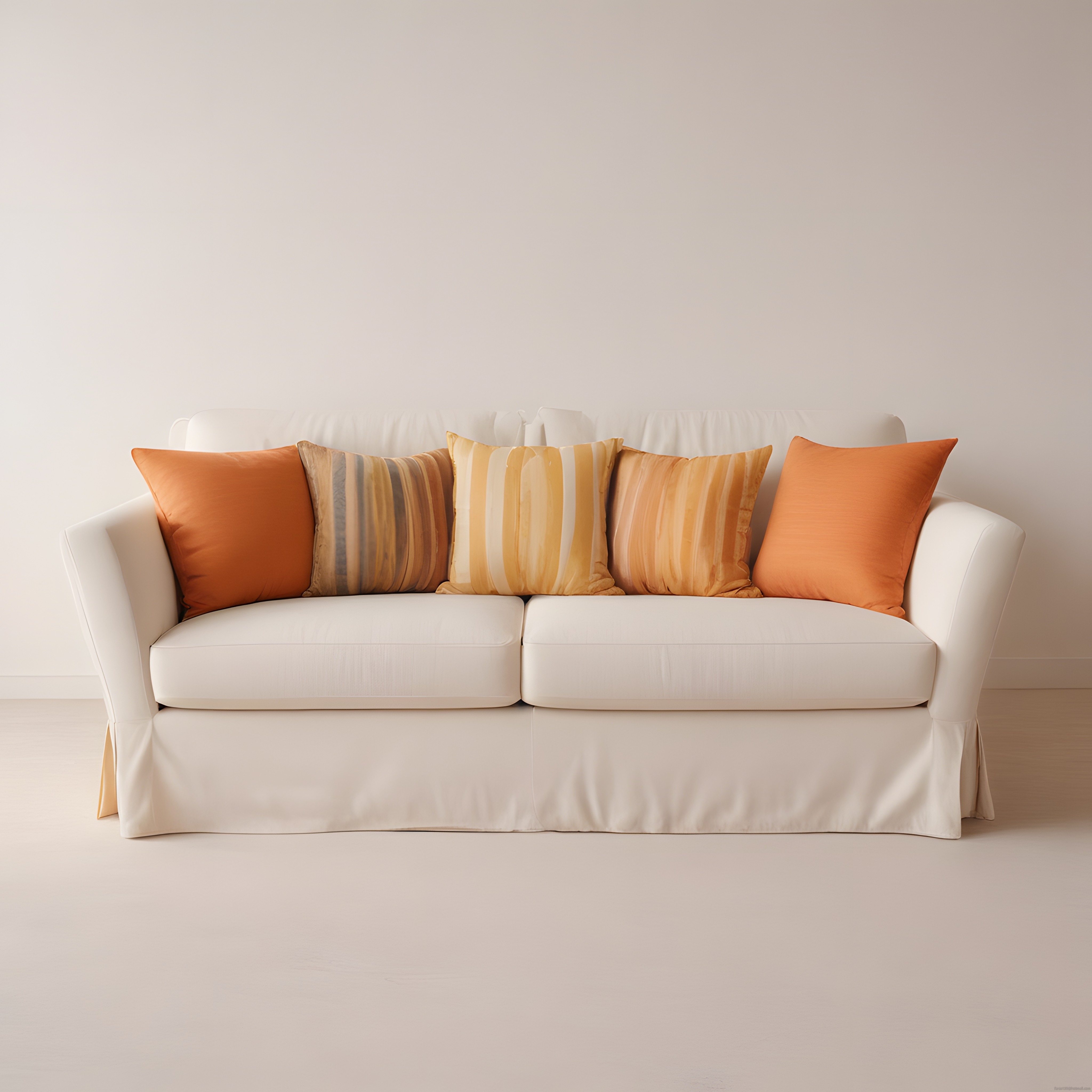 Minimalist Beyaz Kanepe ve Turuncu Dekoratif Yastıklarla Sıcak Salon Atmosferi