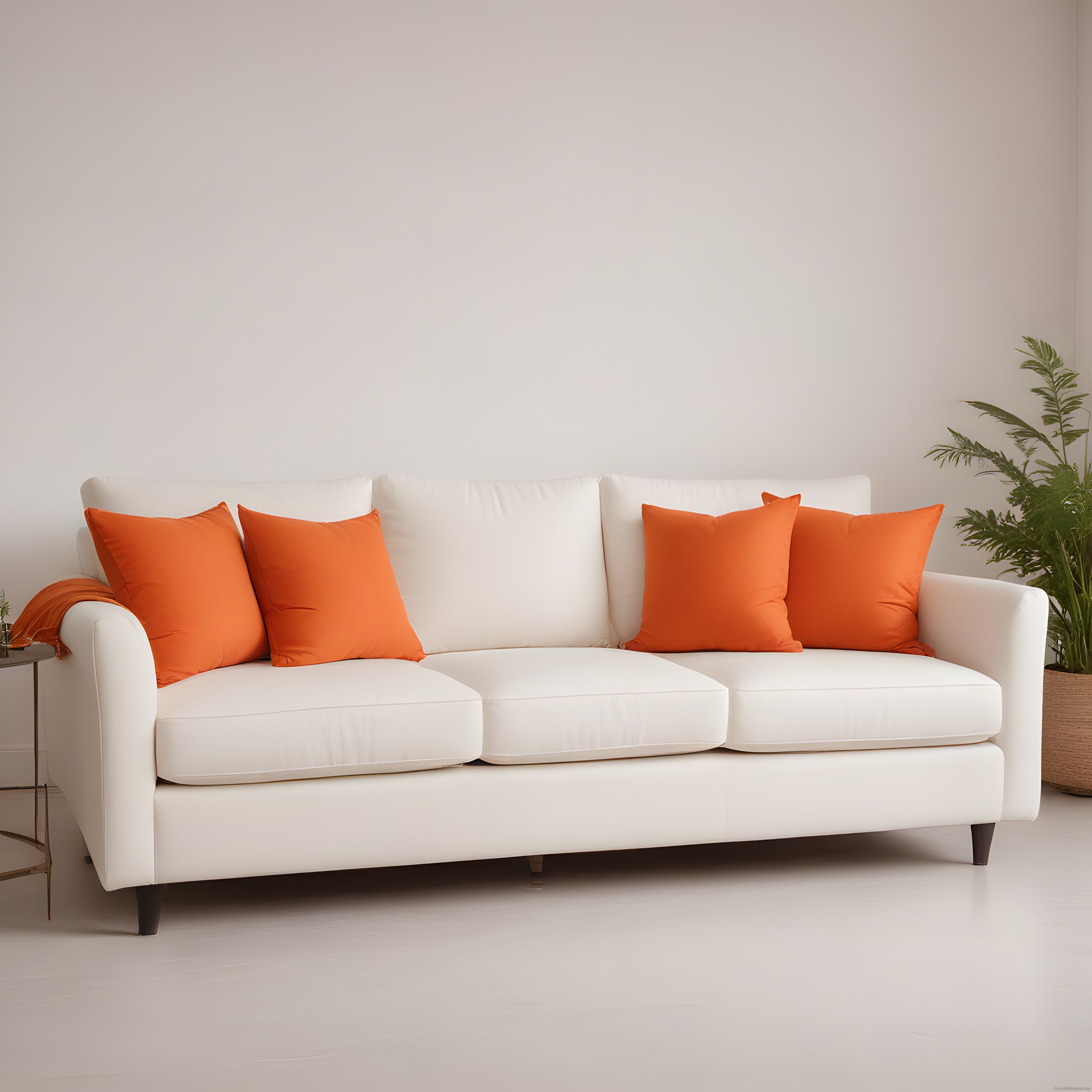 Minimalist Beyaz Kanepe ve Turuncu Yastıklarla Sıcak Ev Dekorasyonu