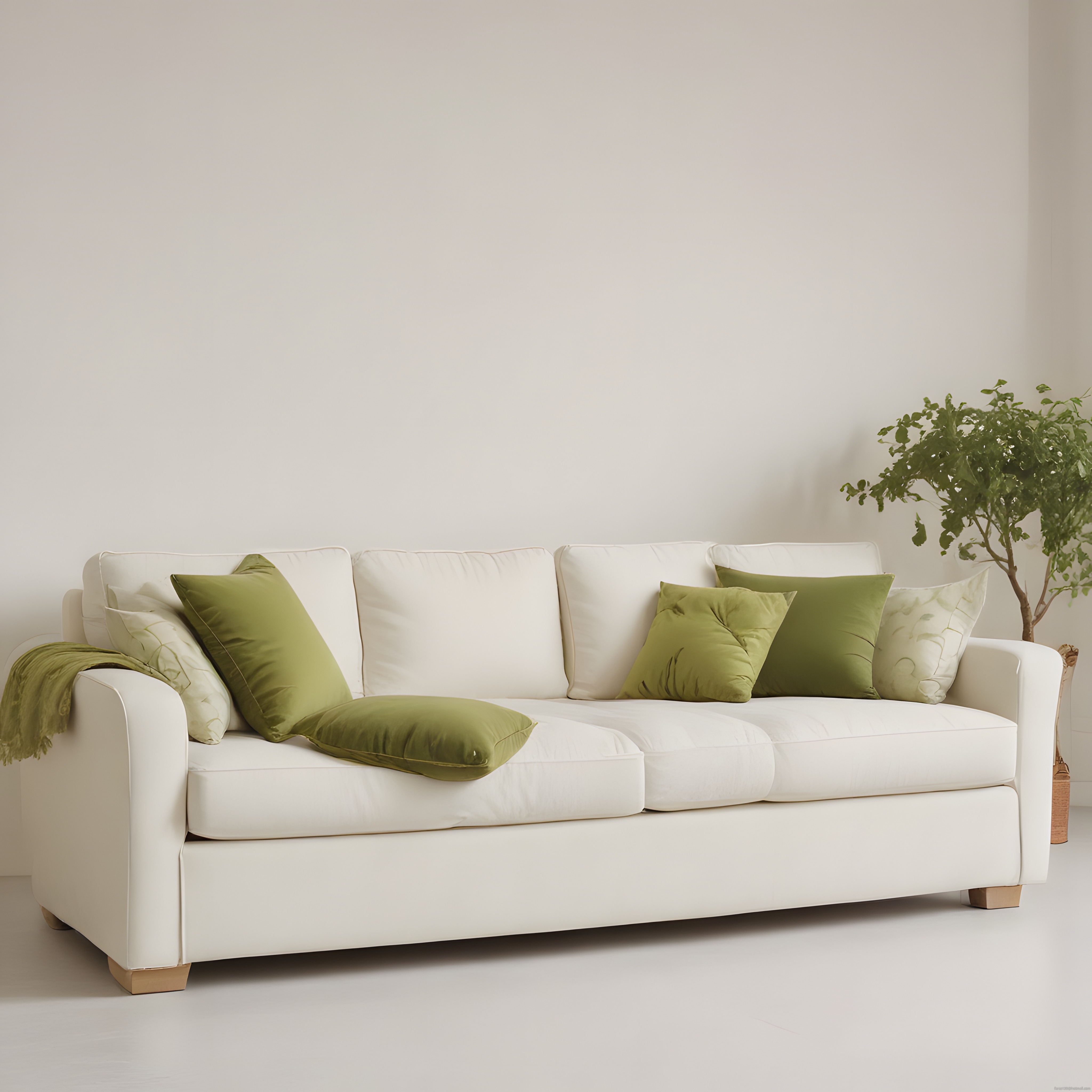 Minimalist Beyaz Kanepe ve Yeşil Detaylarla Huzurlu Salon Atmosferi