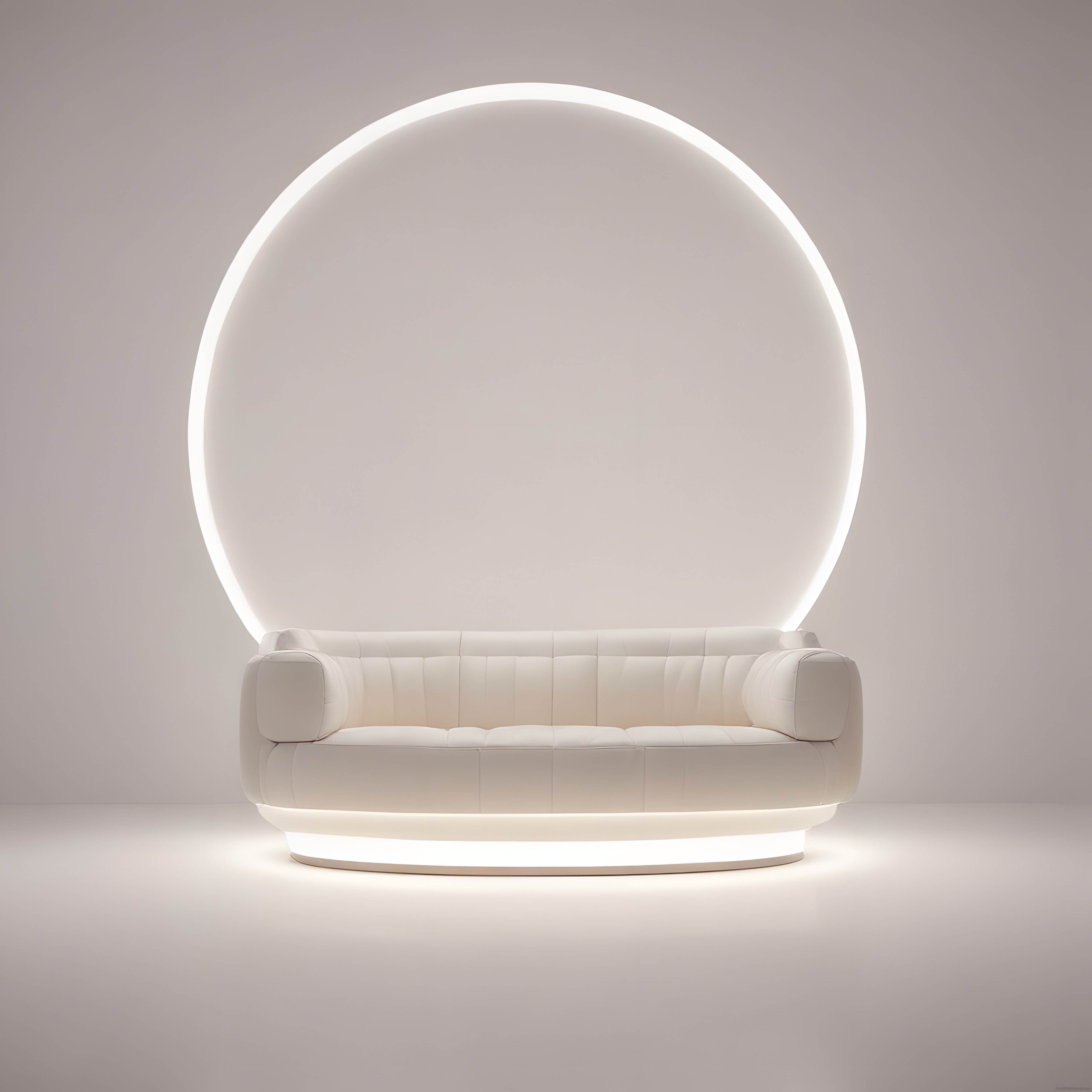 Minimalist Beyaz Kanepe ve Yuvarlak LED Işık Halkası ile Modern Dekor