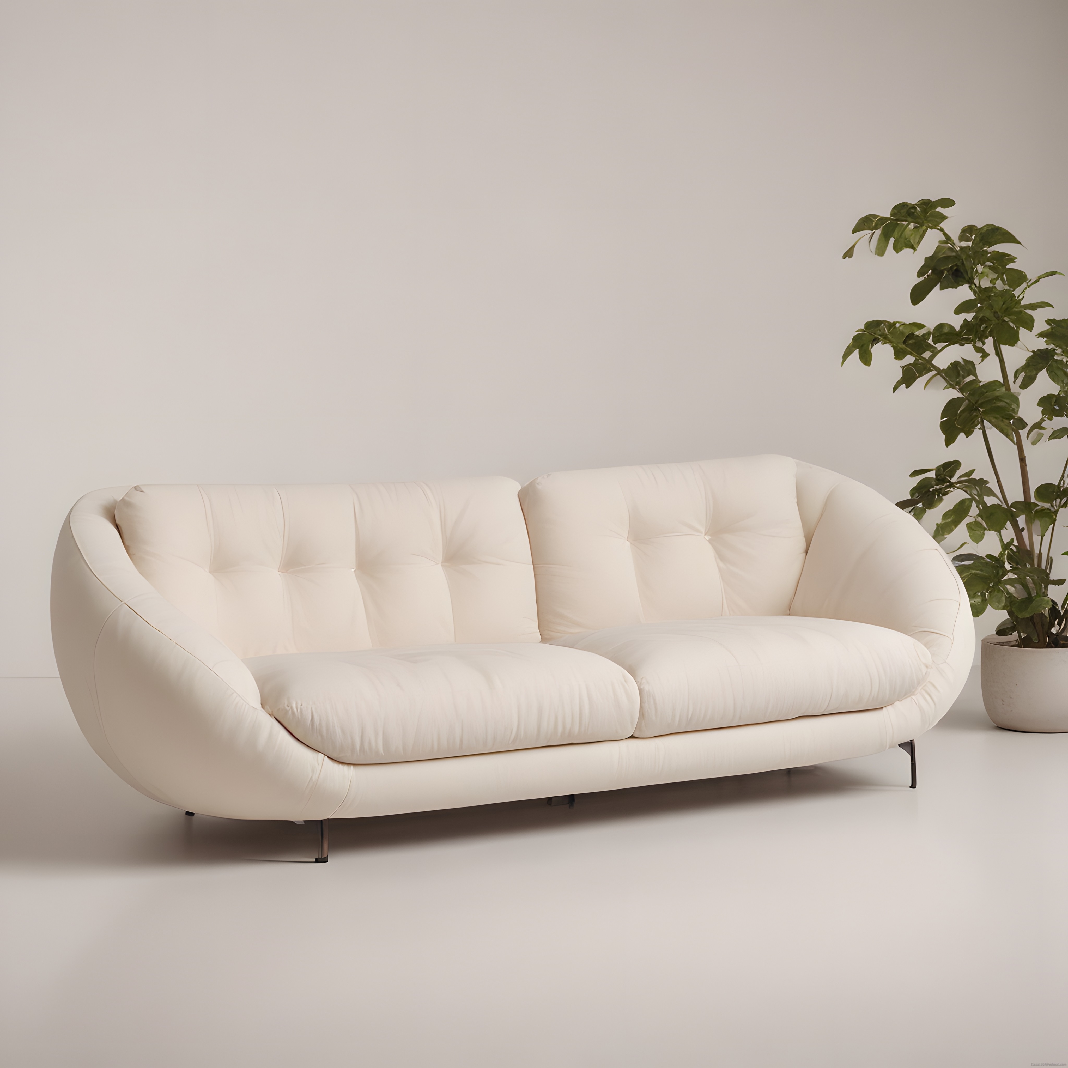 Minimalist Beyaz Kapitoneli Kanepe ve Yeşil Bitki ile Sade Salon Dekoru