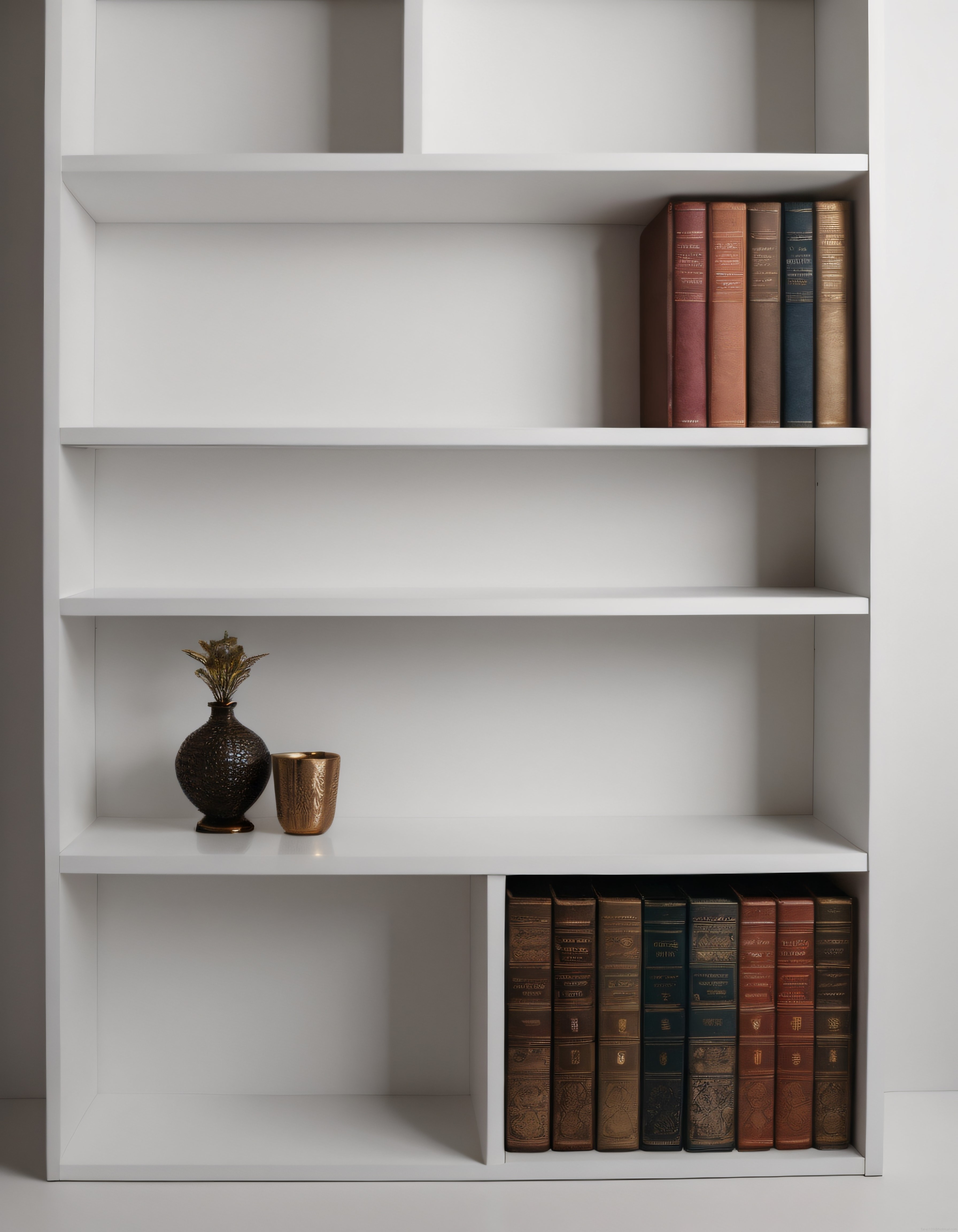 Minimalist beyaz kitaplıkta antika ciltli kitaplar ve bronz dekoratif objeler