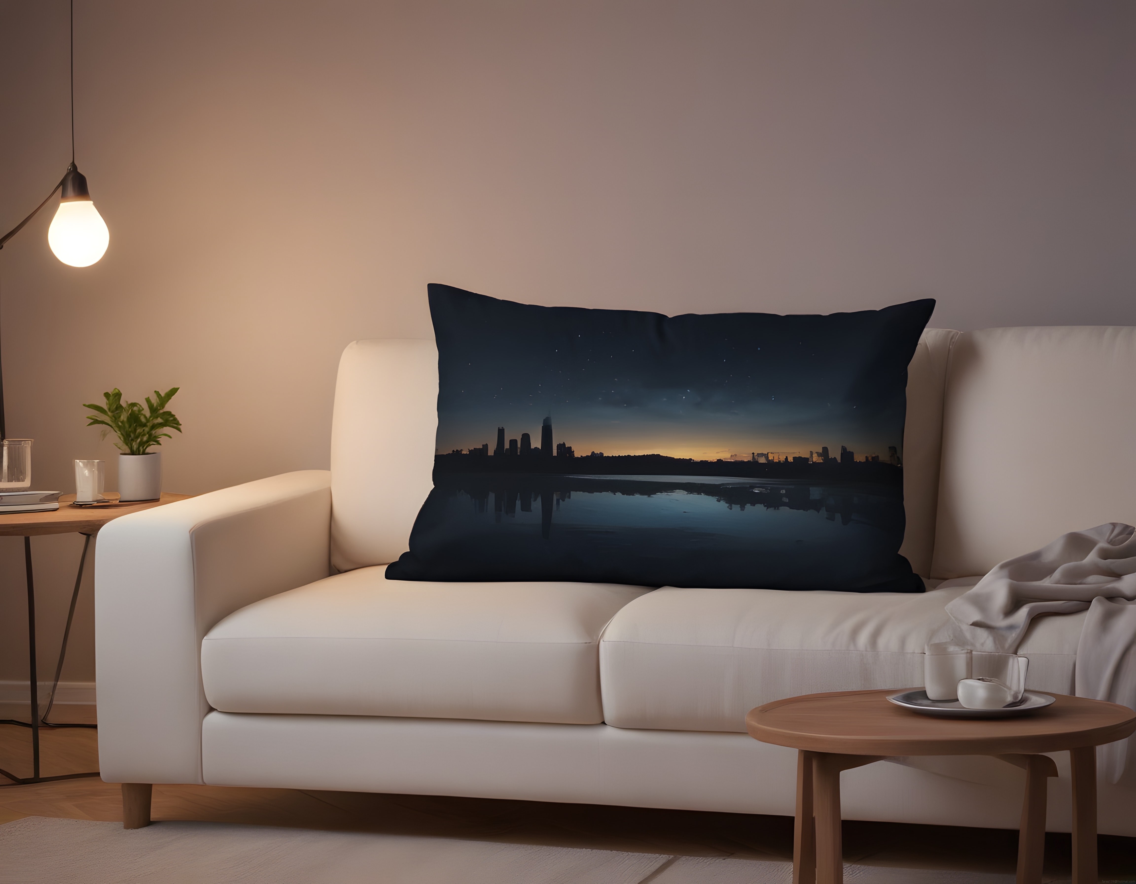 Minimalist Beyaz Koltuk Üzerinde Gece Manzaralı Yastık ve Sıcak Ev Atmosferi