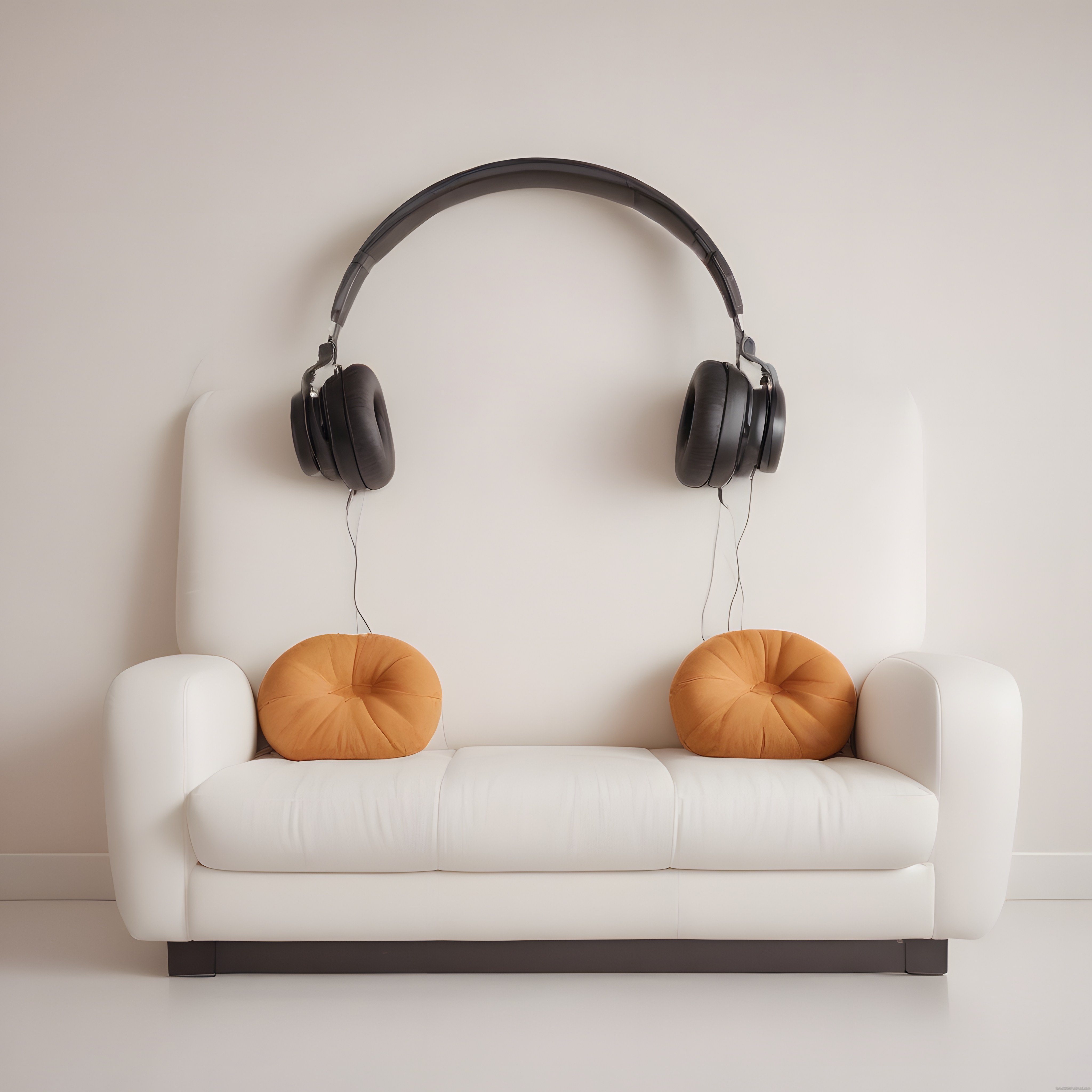 Minimalist beyaz koltuk ve devasa kulaklıklarla sanatsal iç mekan tasarımı