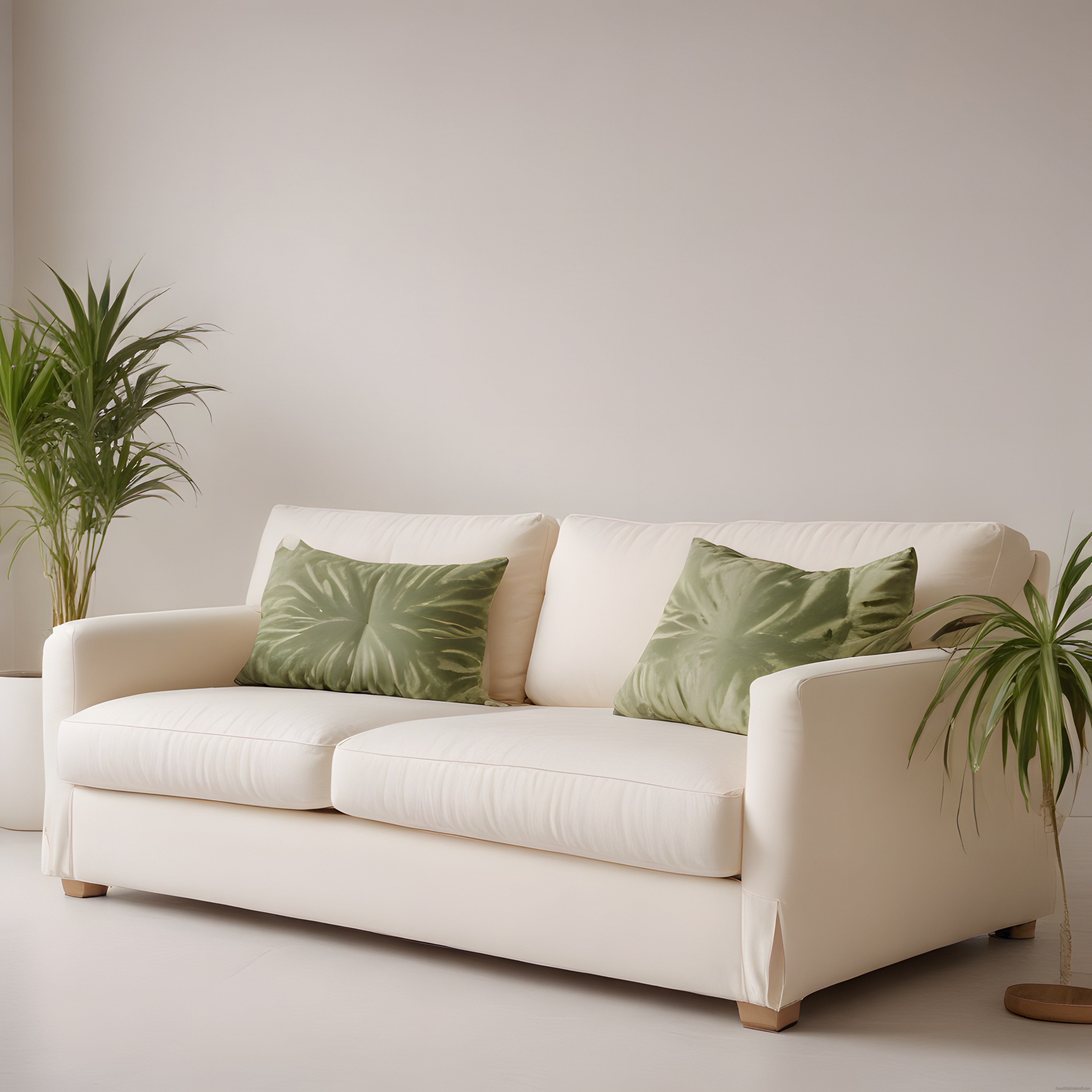 Minimalist Beyaz Koltuk ve Yeşil Yastıklarla Huzurlu Salon Dekorasyonu