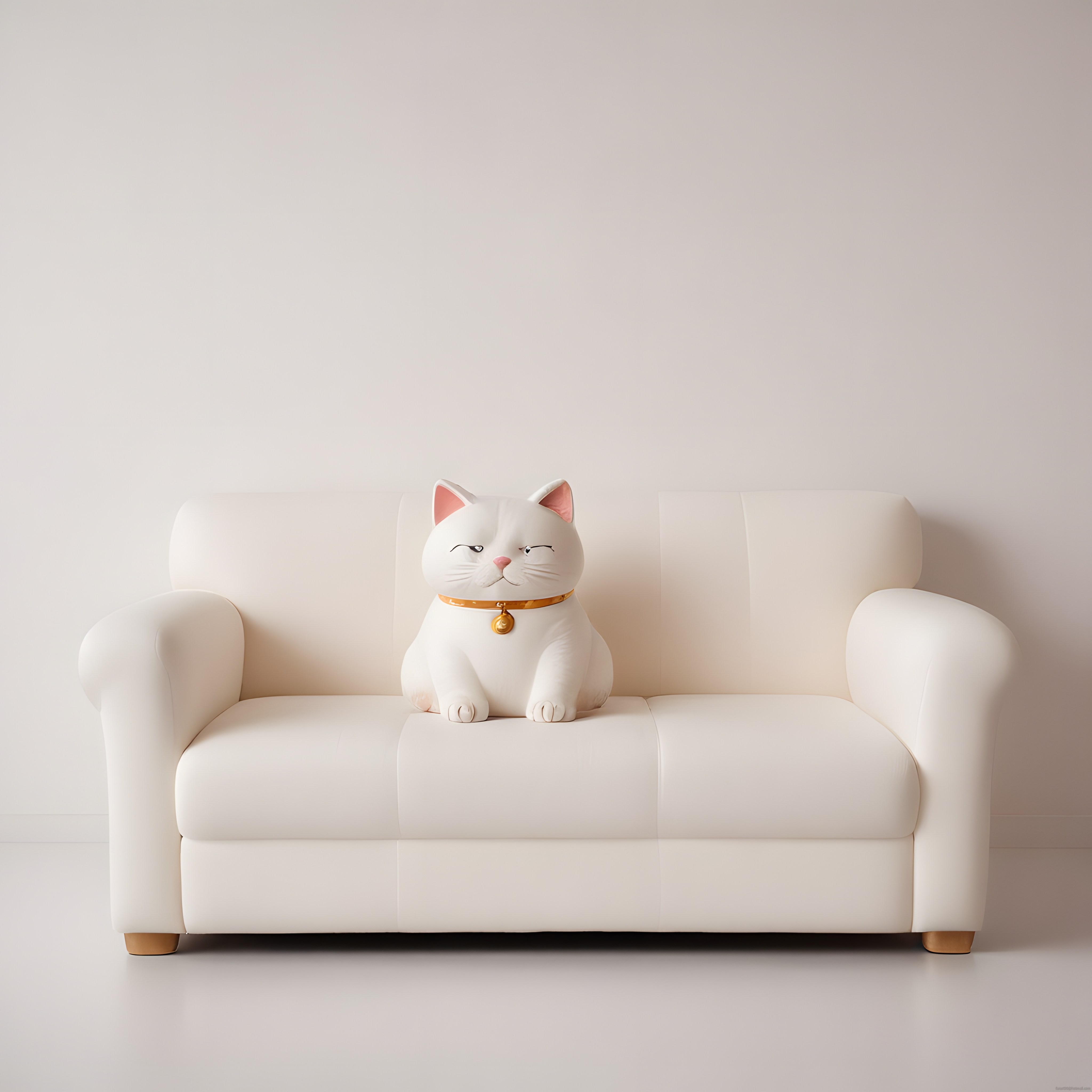 Minimalist Beyaz Koltukta Sevimli Kedi Figürü ve Altın Tasma Detayı