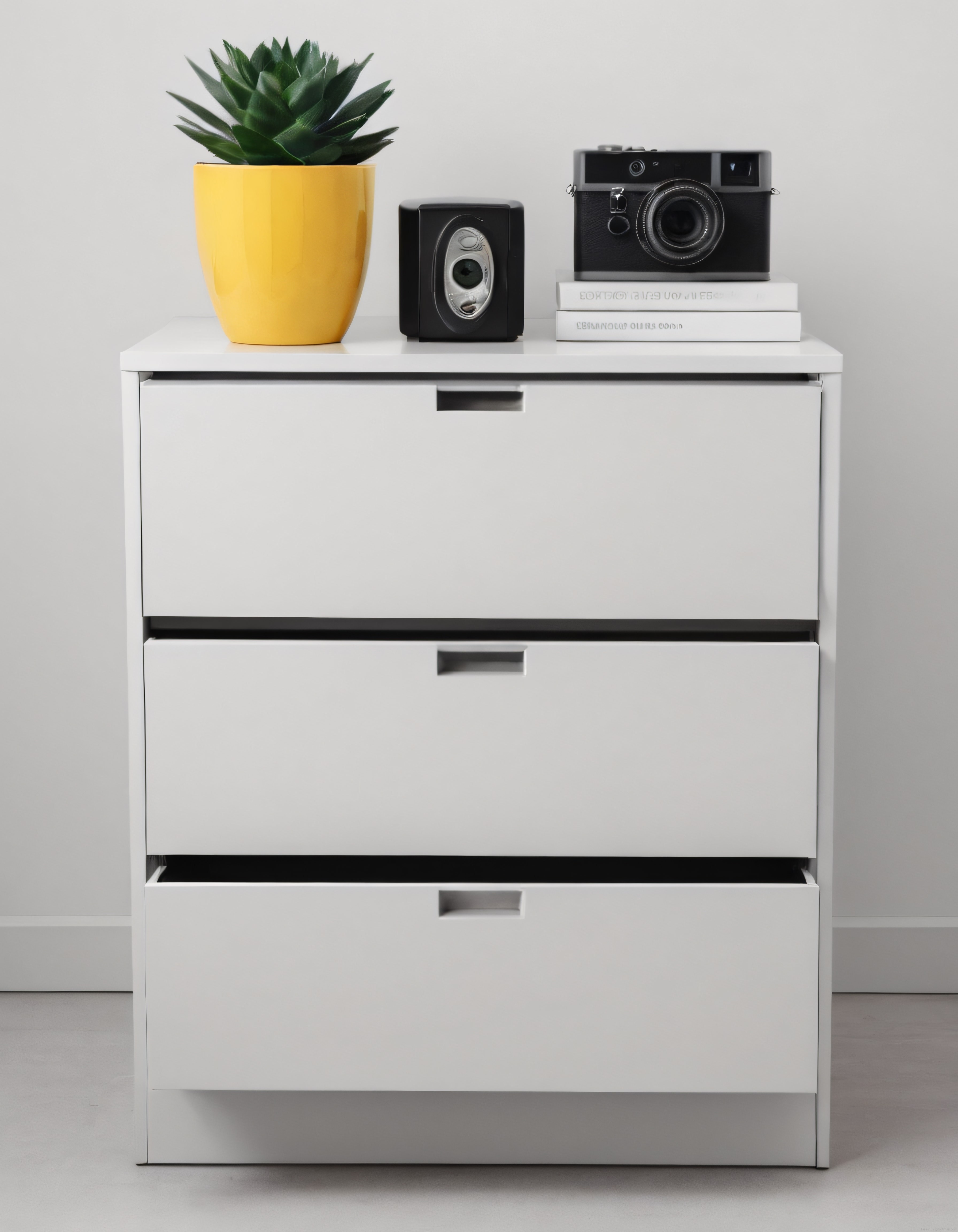 Minimalist Beyaz Komodin Üzerinde Dekoratif Ürünler ve Yeşil Bitki