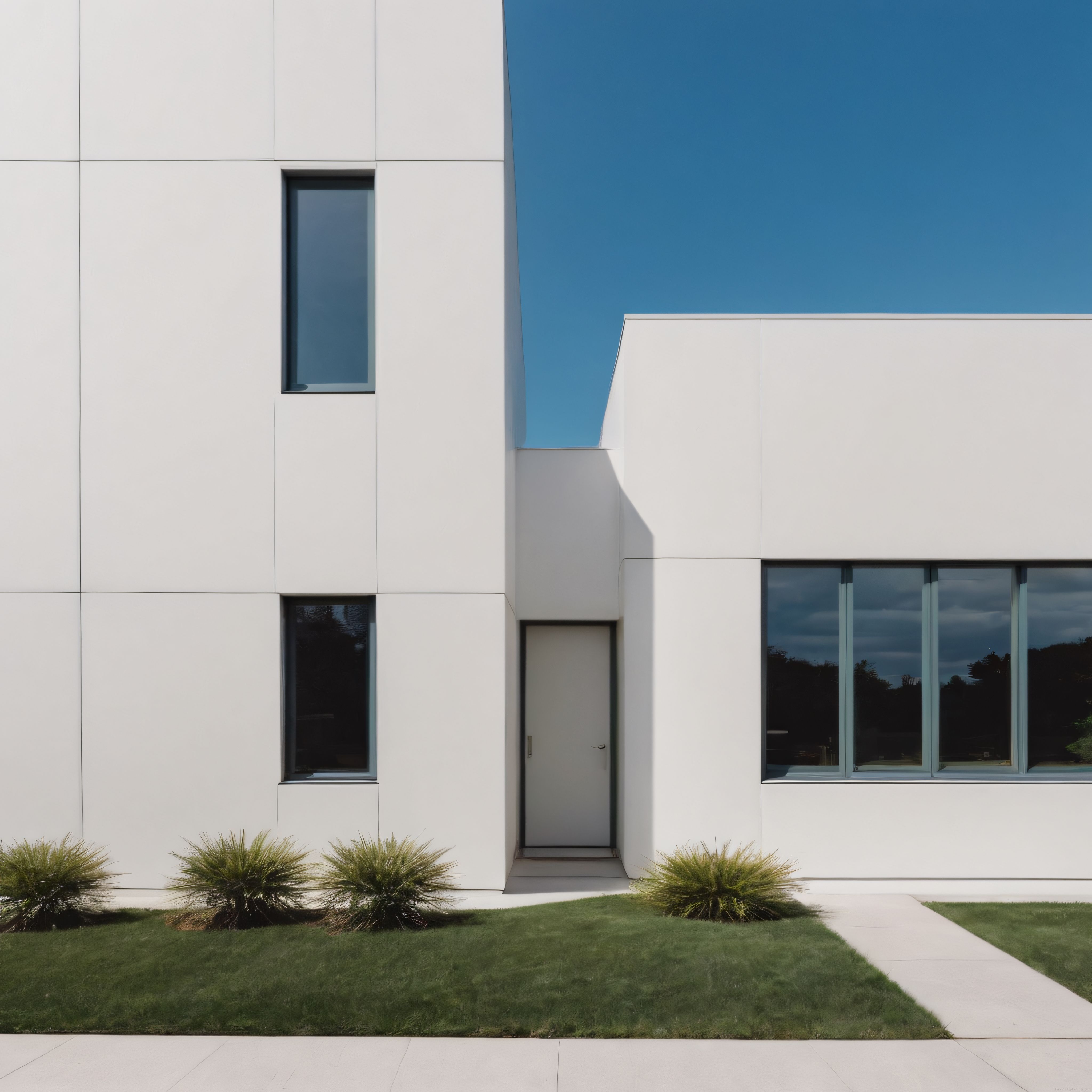 Minimalist Beyaz Konut Cephesi, Büyük Pencereler ve Parlak Mavi Gökyüzü Manzarası