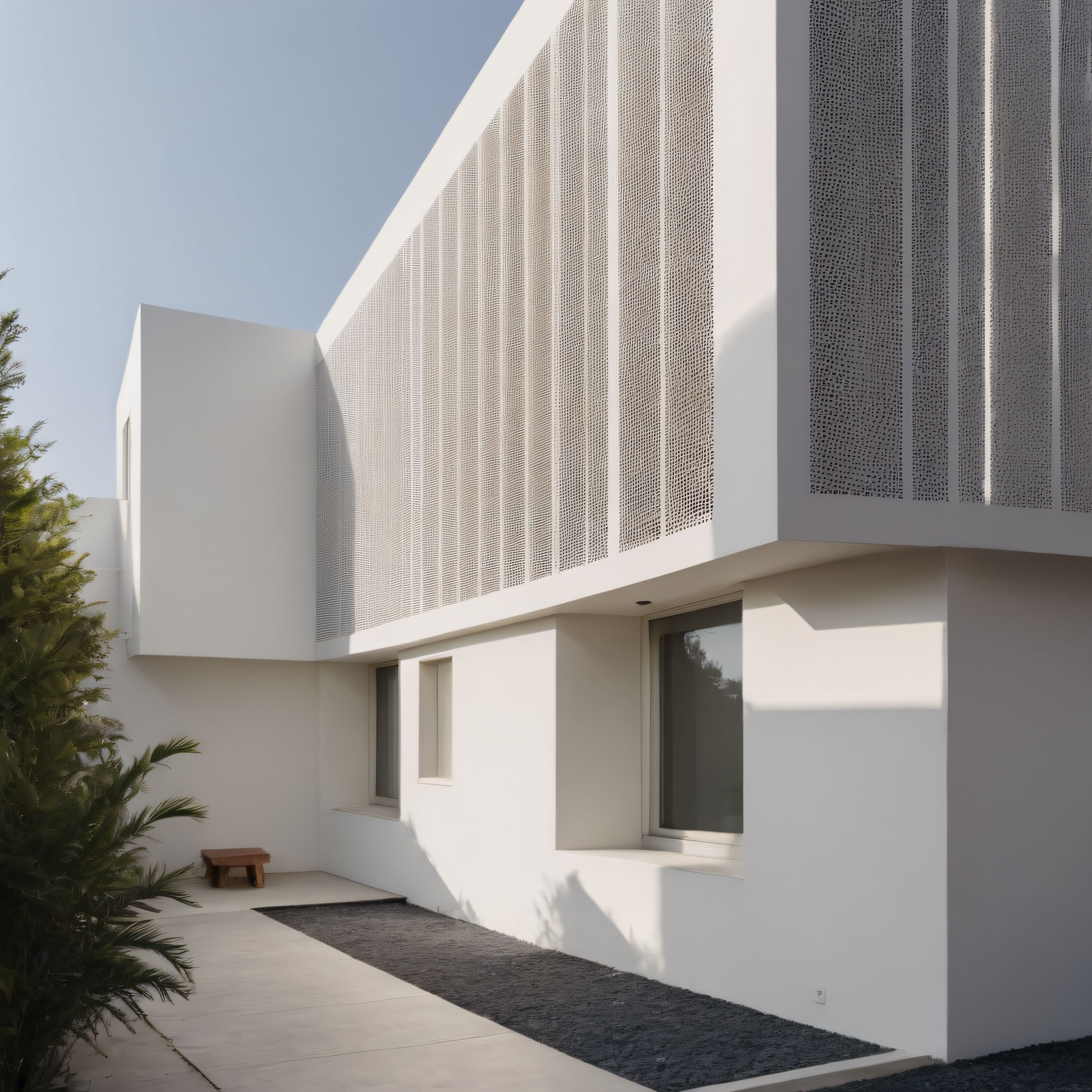 Minimalist Beyaz Konutun Taş Avlusu ve Delikli Metal Cephesi