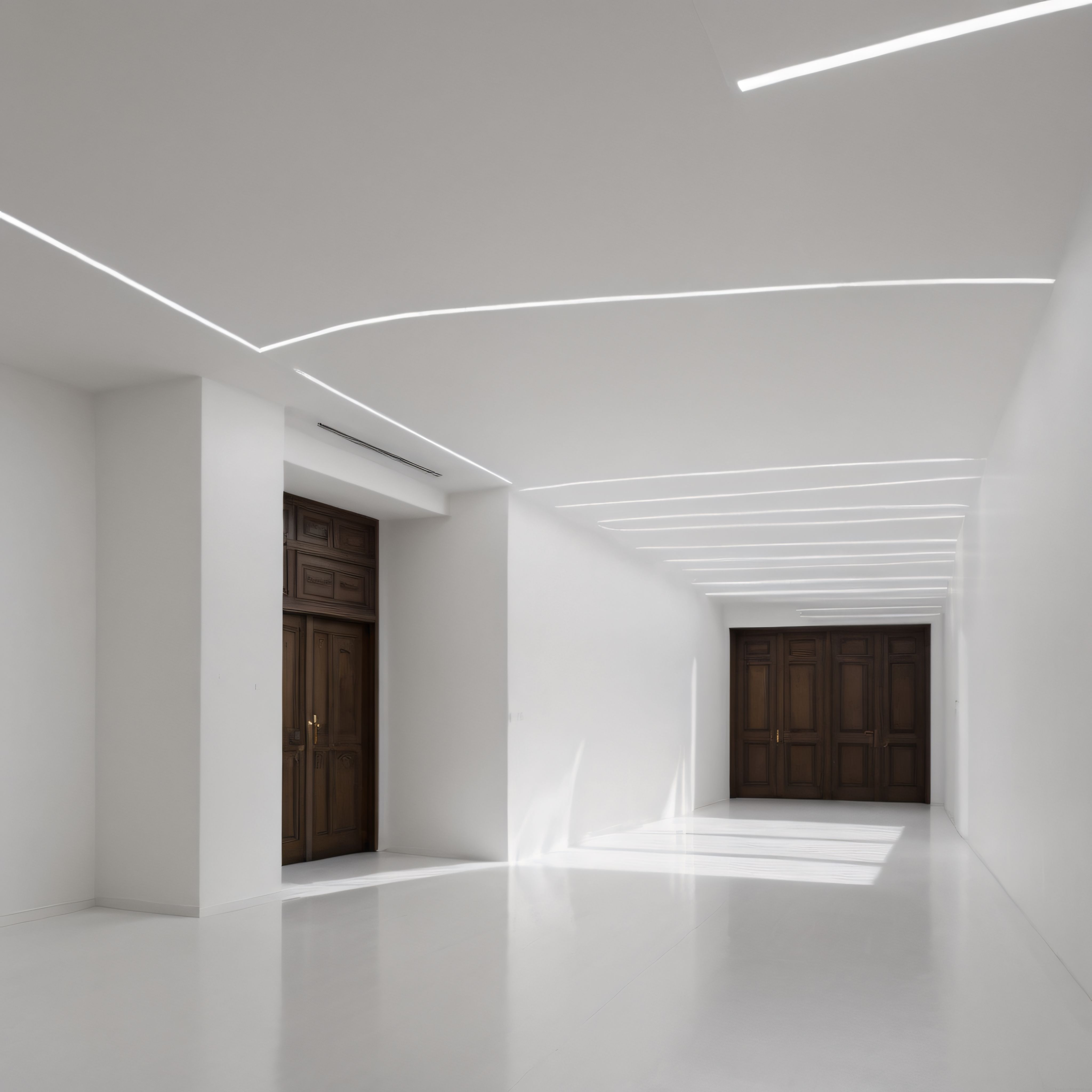 Minimalist Beyaz Koridorda Tarihi Ahşap Kapı ve Gizemli Işık Çizgileri