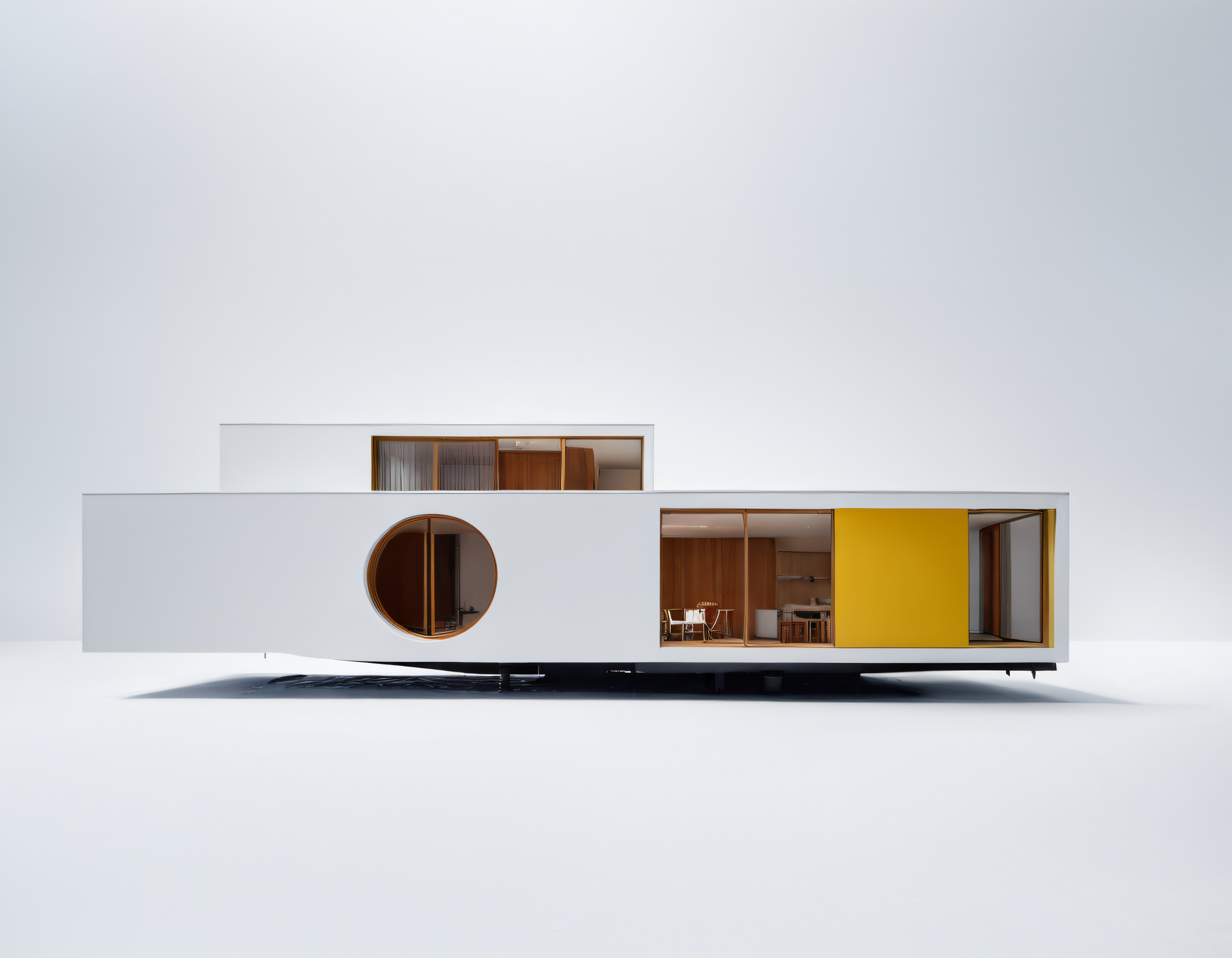 Minimalist beyaz kubik ev modeli, sarı panel ve dairesel pencere ile modern mimari