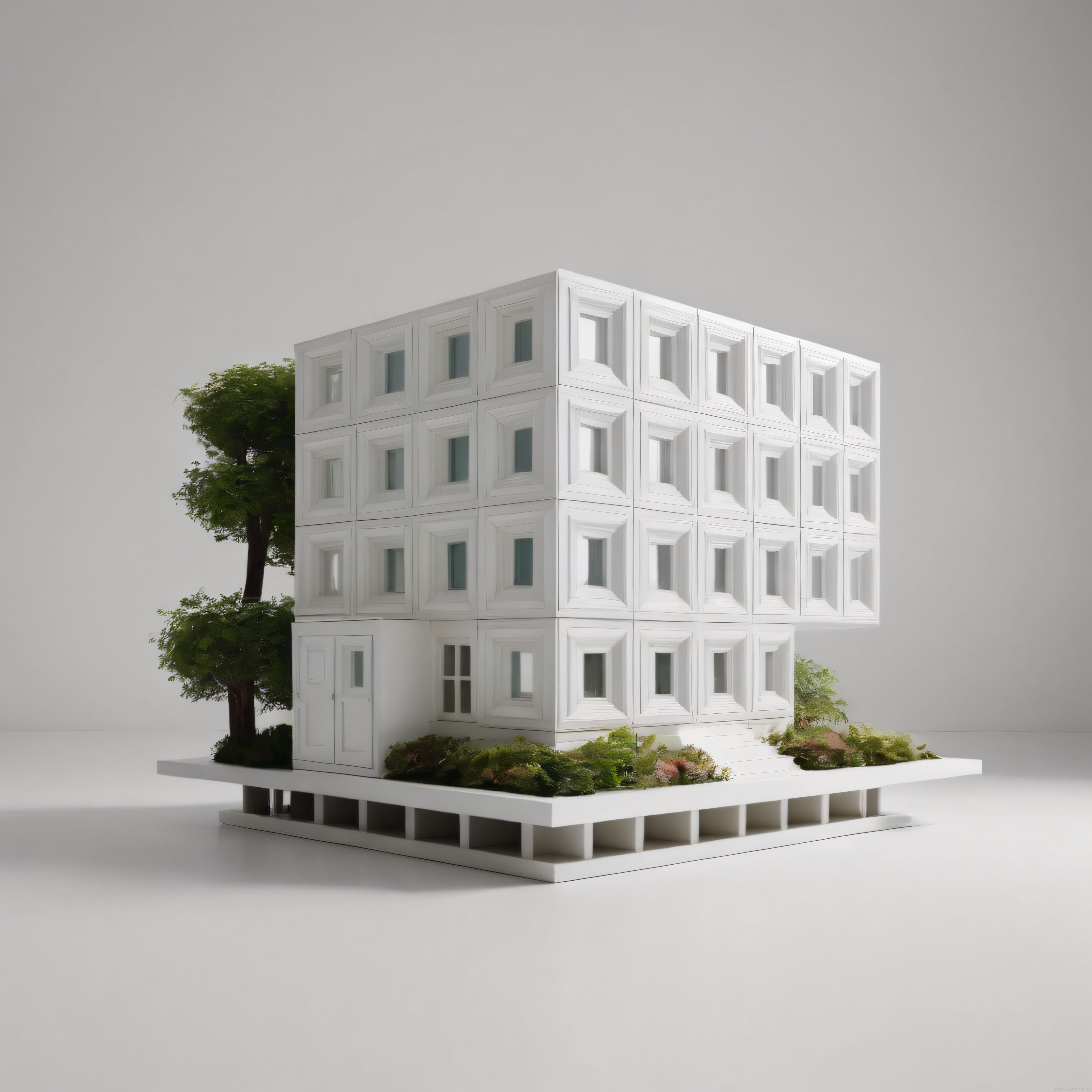 Minimalist Beyaz Kübik Yapı: Modern Mimari Tasarım ve Yeşil Peyzaj Detayları