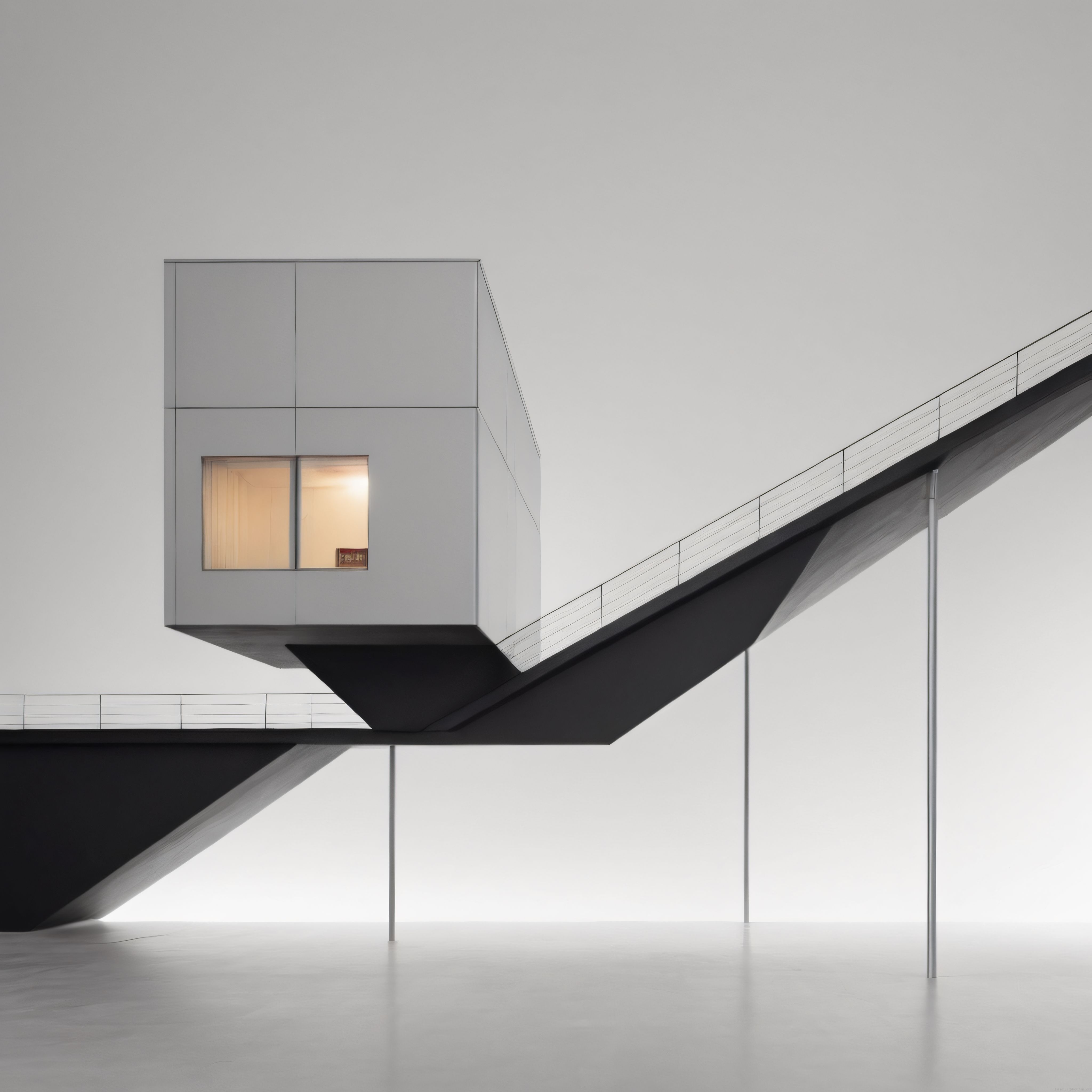 Minimalist Beyaz Kübik Yapı ve Asma Köprülü Modern Mimari Detay