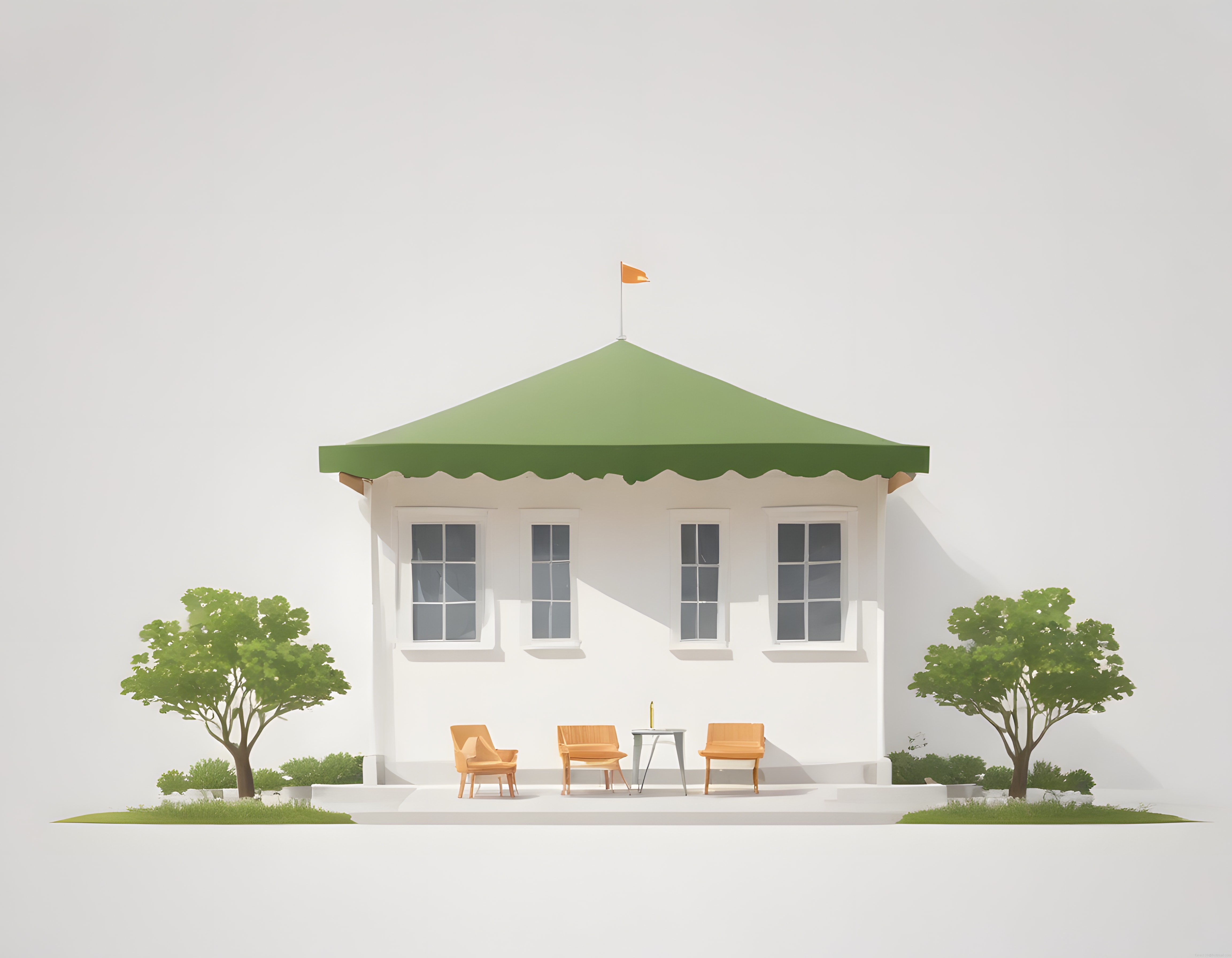 Minimalist Beyaz Kulübe ve Bahçe: Modern Mimari Tasarımın Sade Güzelliği