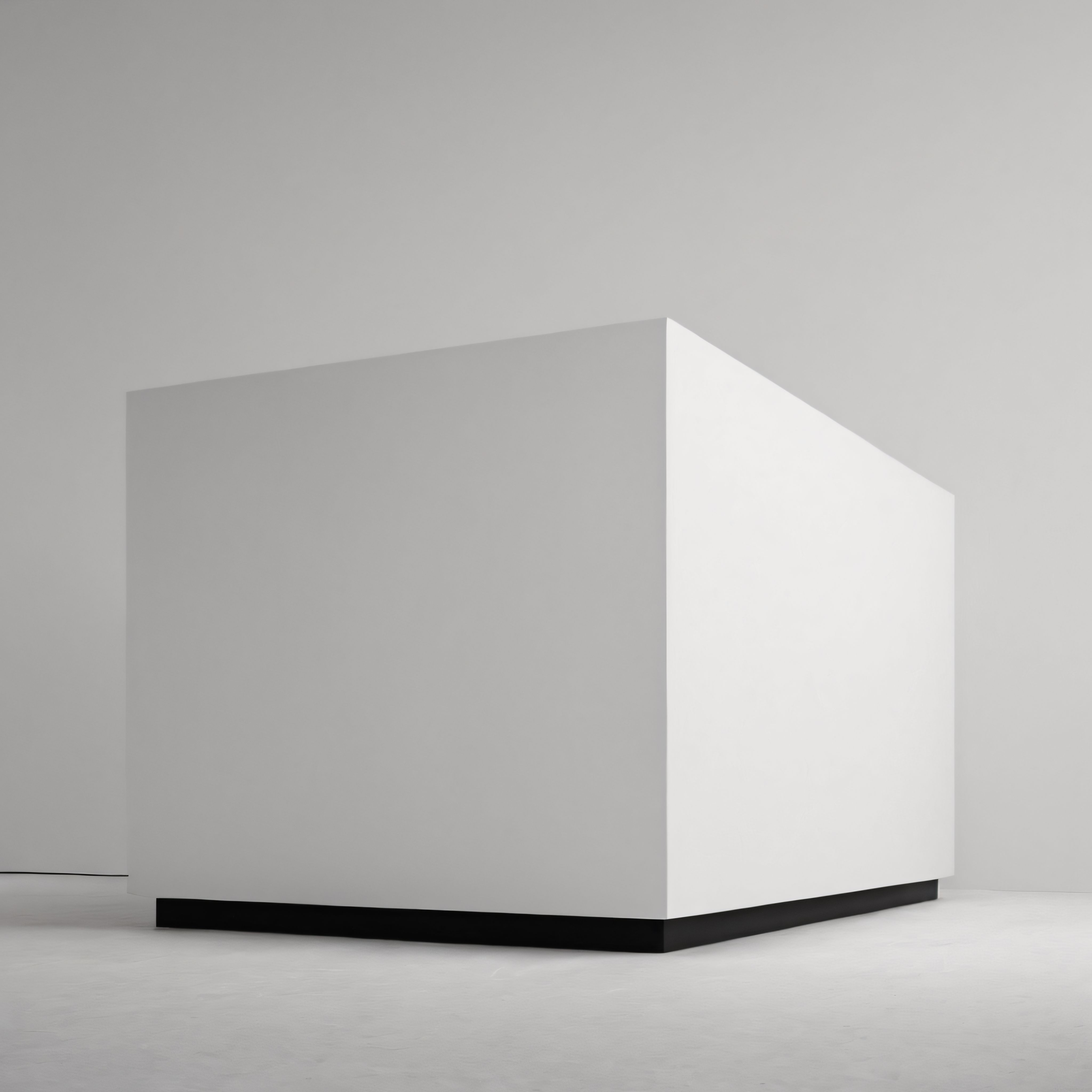 Minimalist beyaz küp formunda soyut sanat eseri ve boş stüdyo mekanı