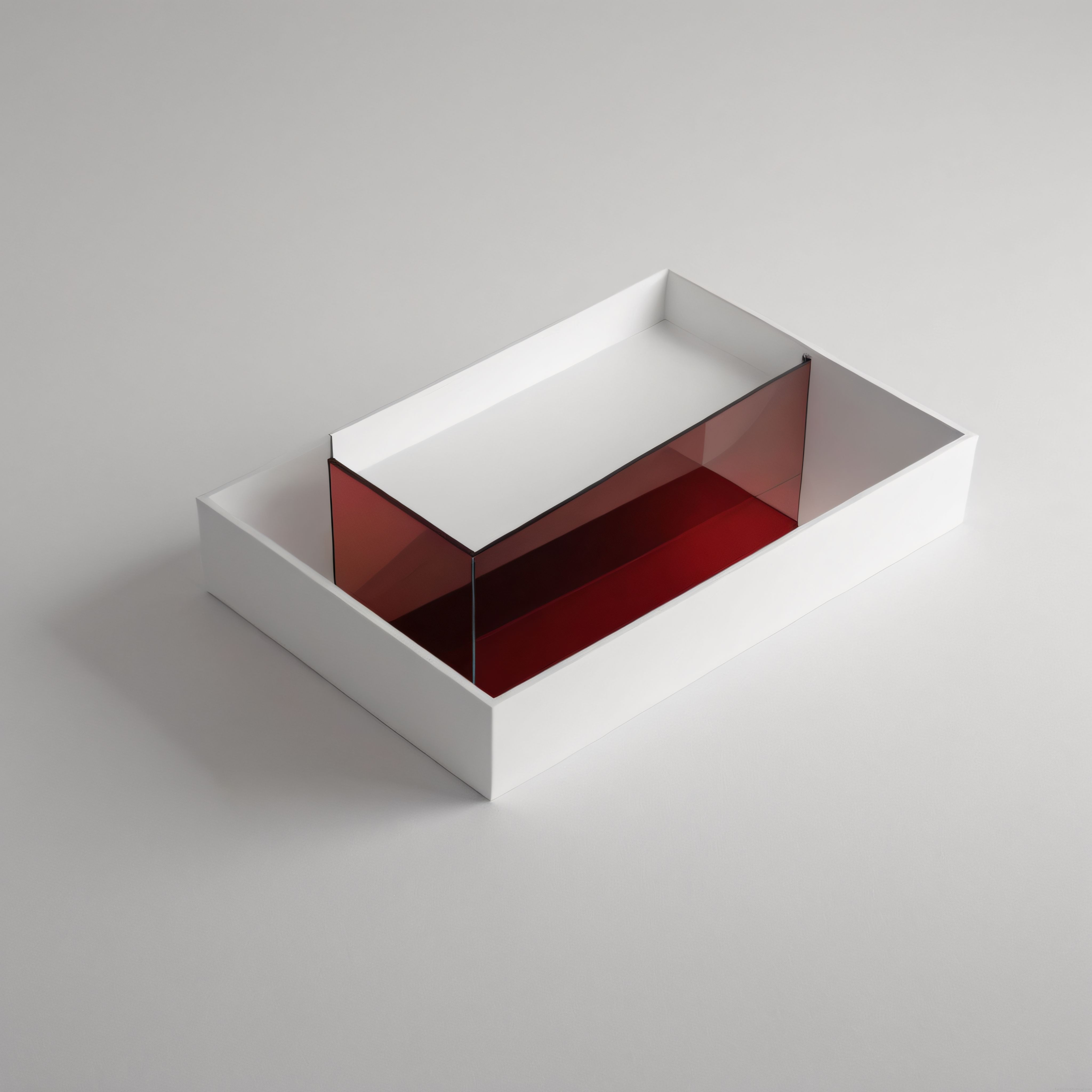 Minimalist Beyaz Küpler ve Kırmızı Cam ile Modern Dijital Sanat Kompozisyonu