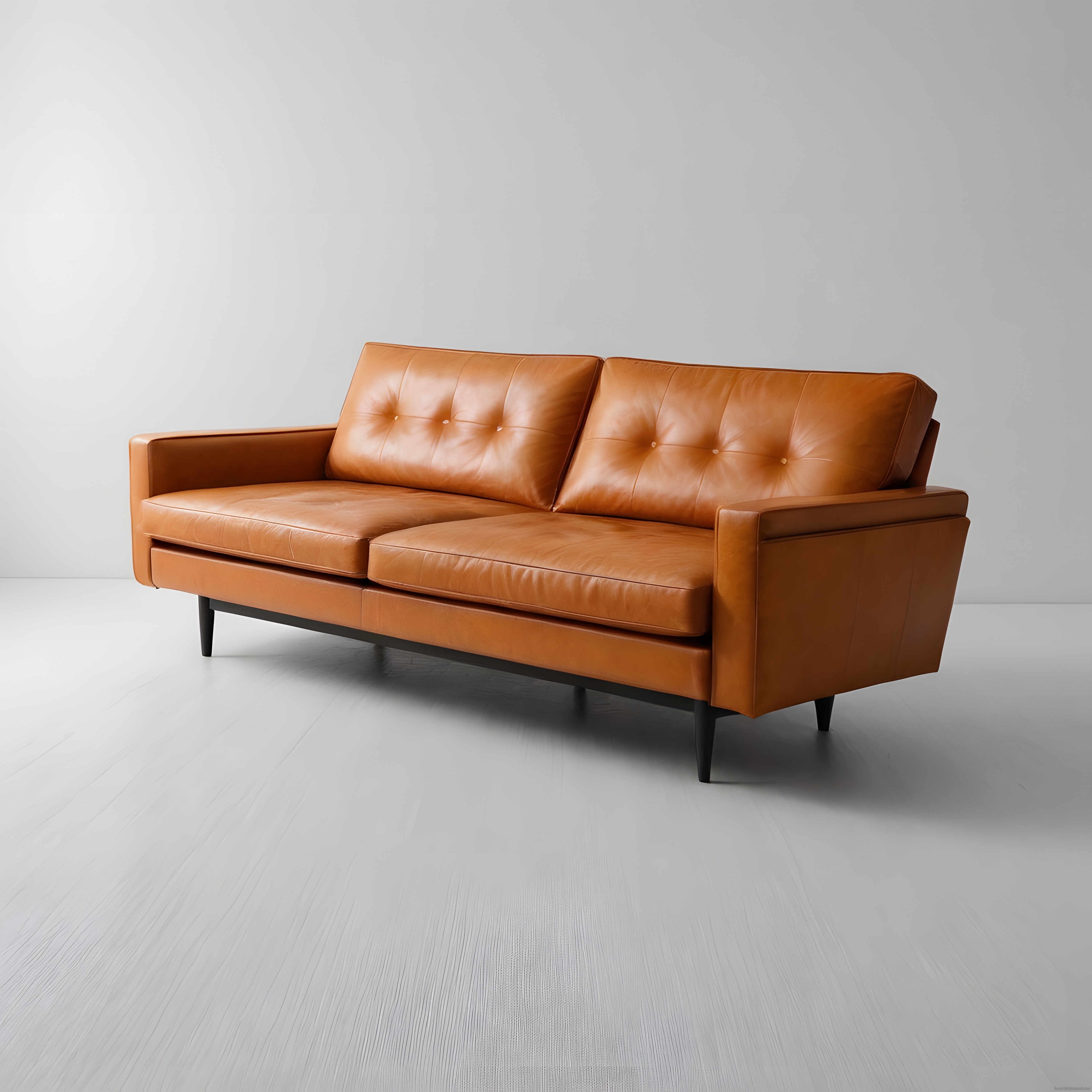 Minimalist Beyaz Mekanda Taba Rengi Gömülü Düğmeli Modern Deri Kanepe