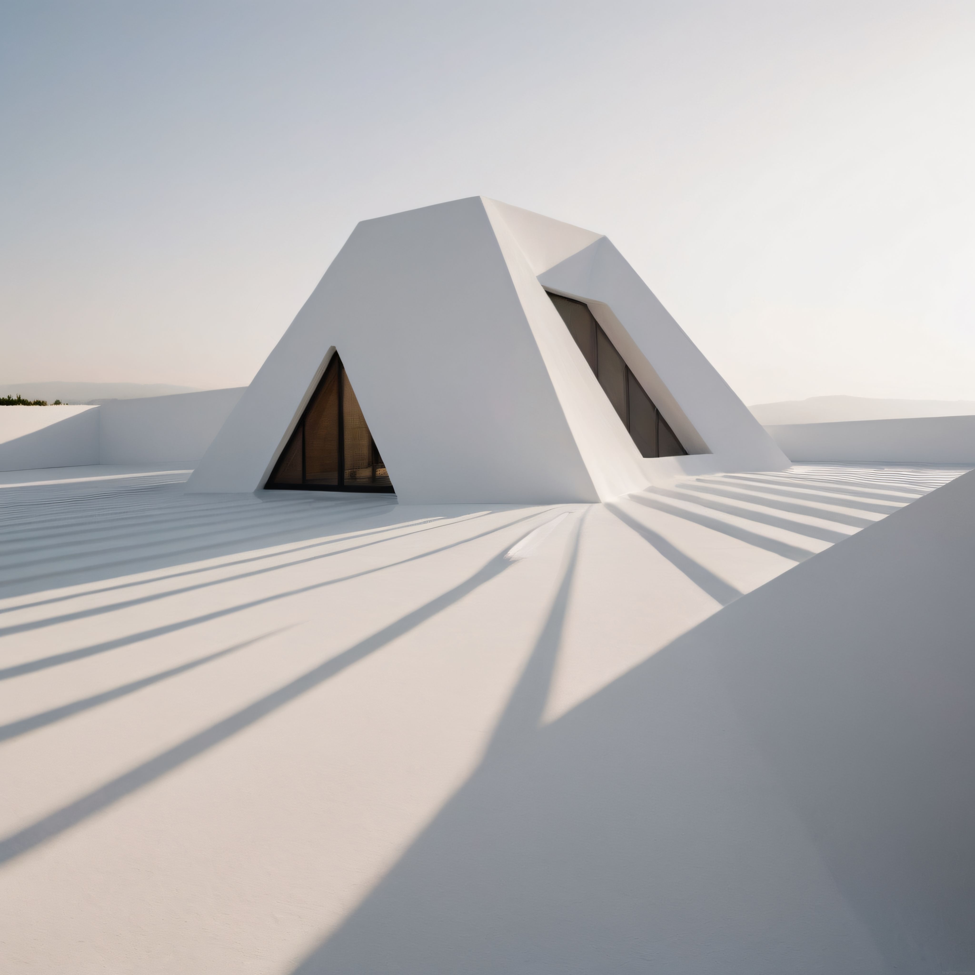 Minimalist Beyaz Modern Mimari: Geometrik Çizgiler ve Uzun Gölgeler