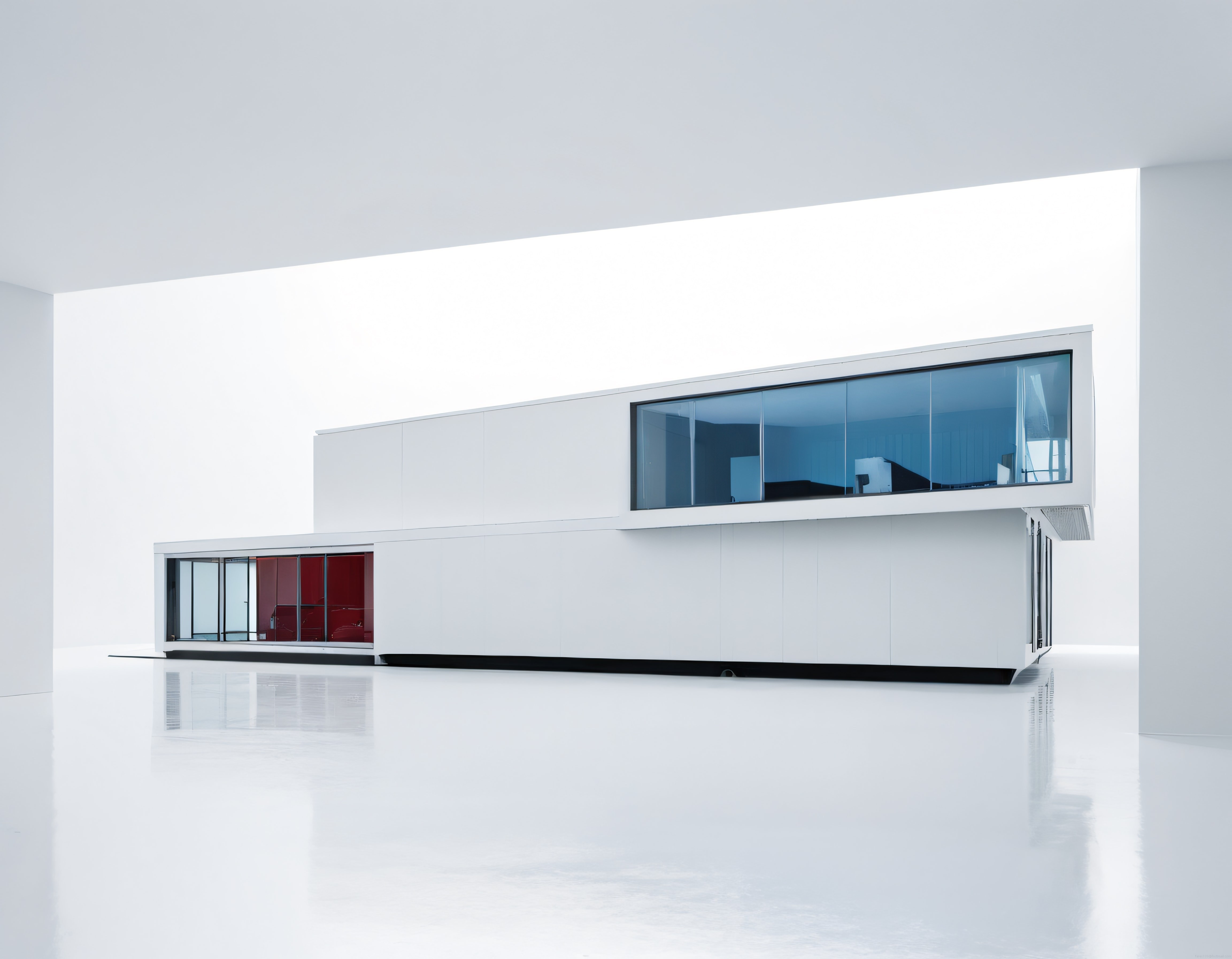 Minimalist Beyaz Modern Mimari Yapı ve Panoramik Mavi Cam Pencereler