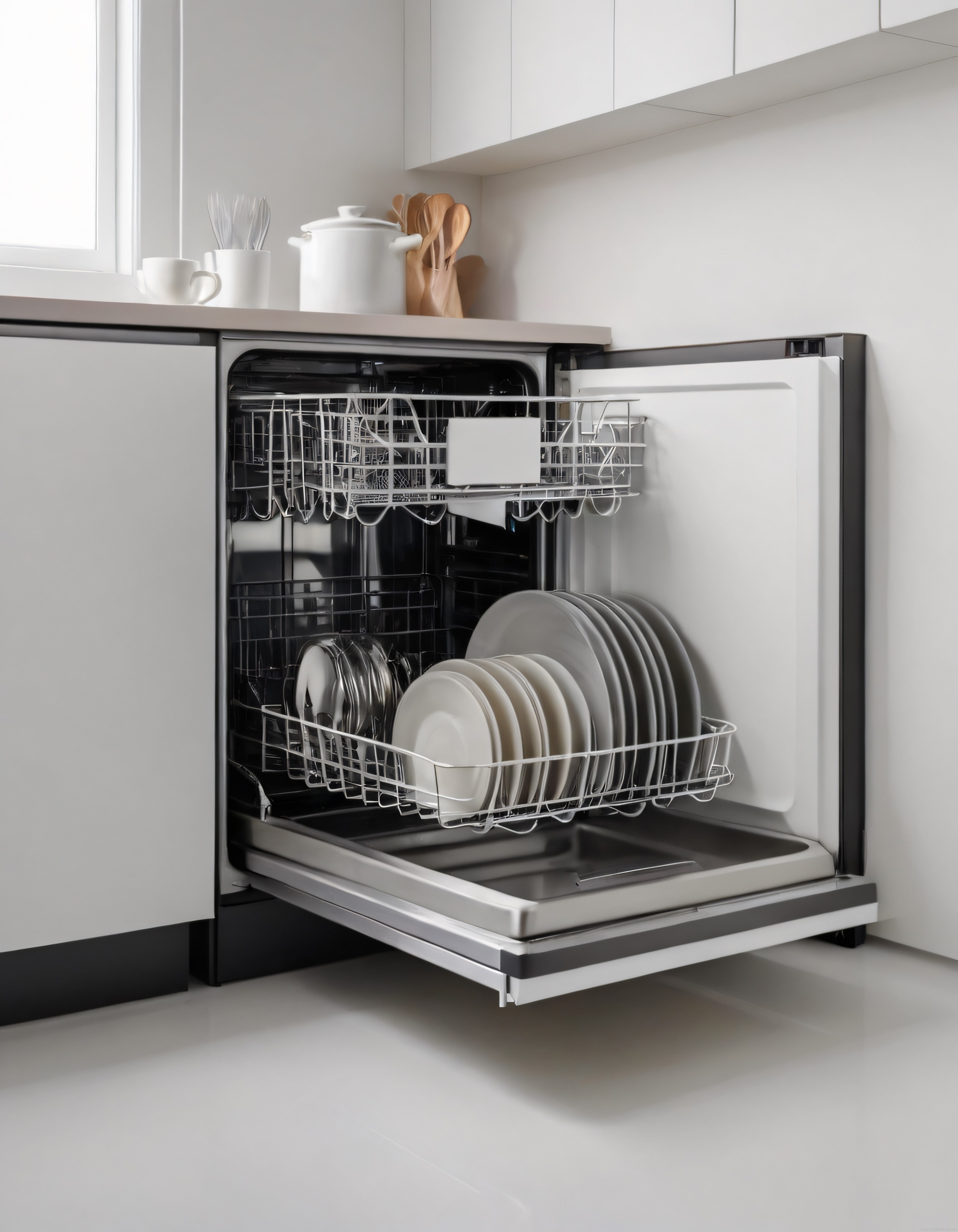 Minimalist Beyaz Mutfakta Açık Bulaşık Makinesi ve Temiz Tabaklar