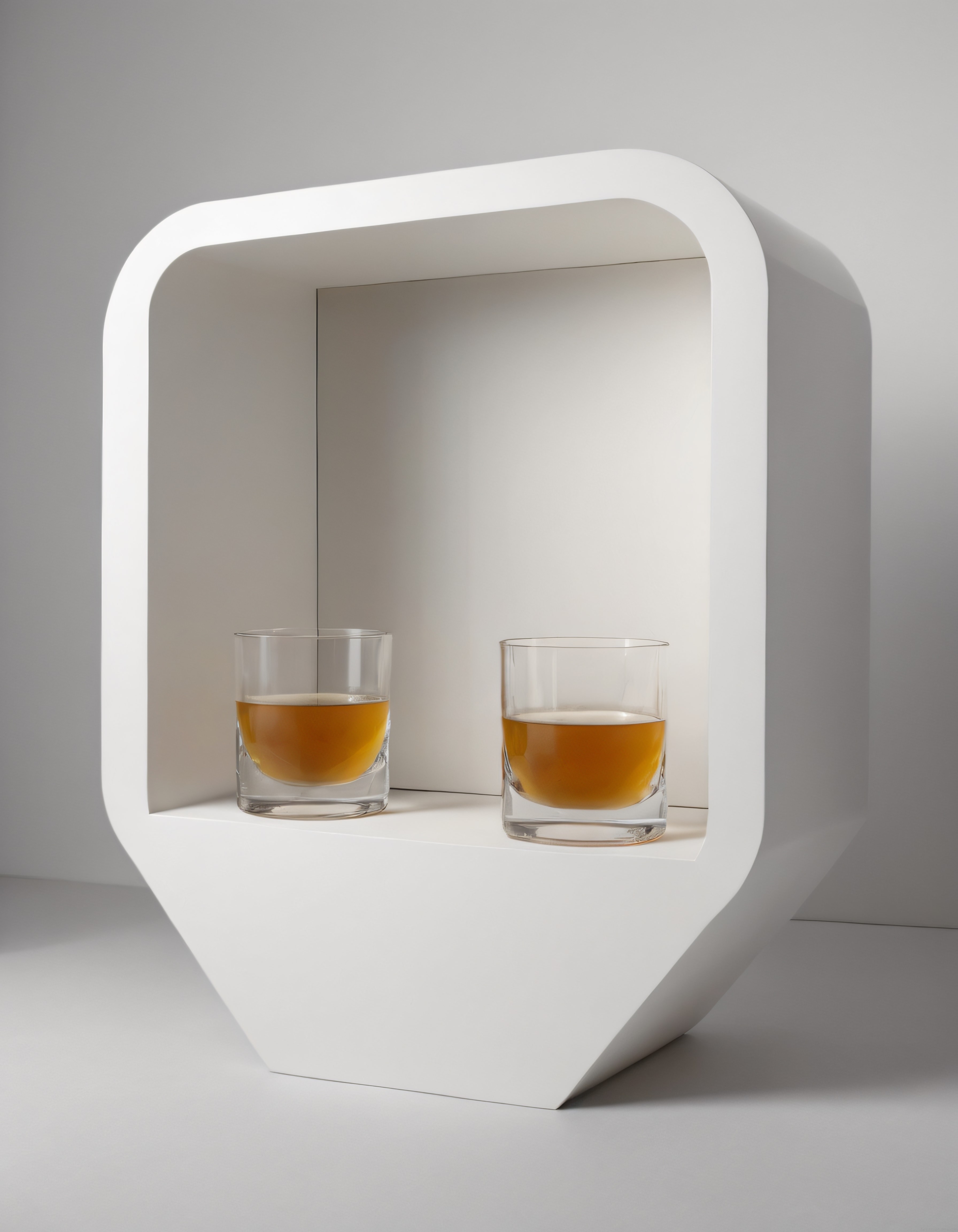 Minimalist beyaz nişte viski içeren iki kristal bardak ve iç mekan detayı