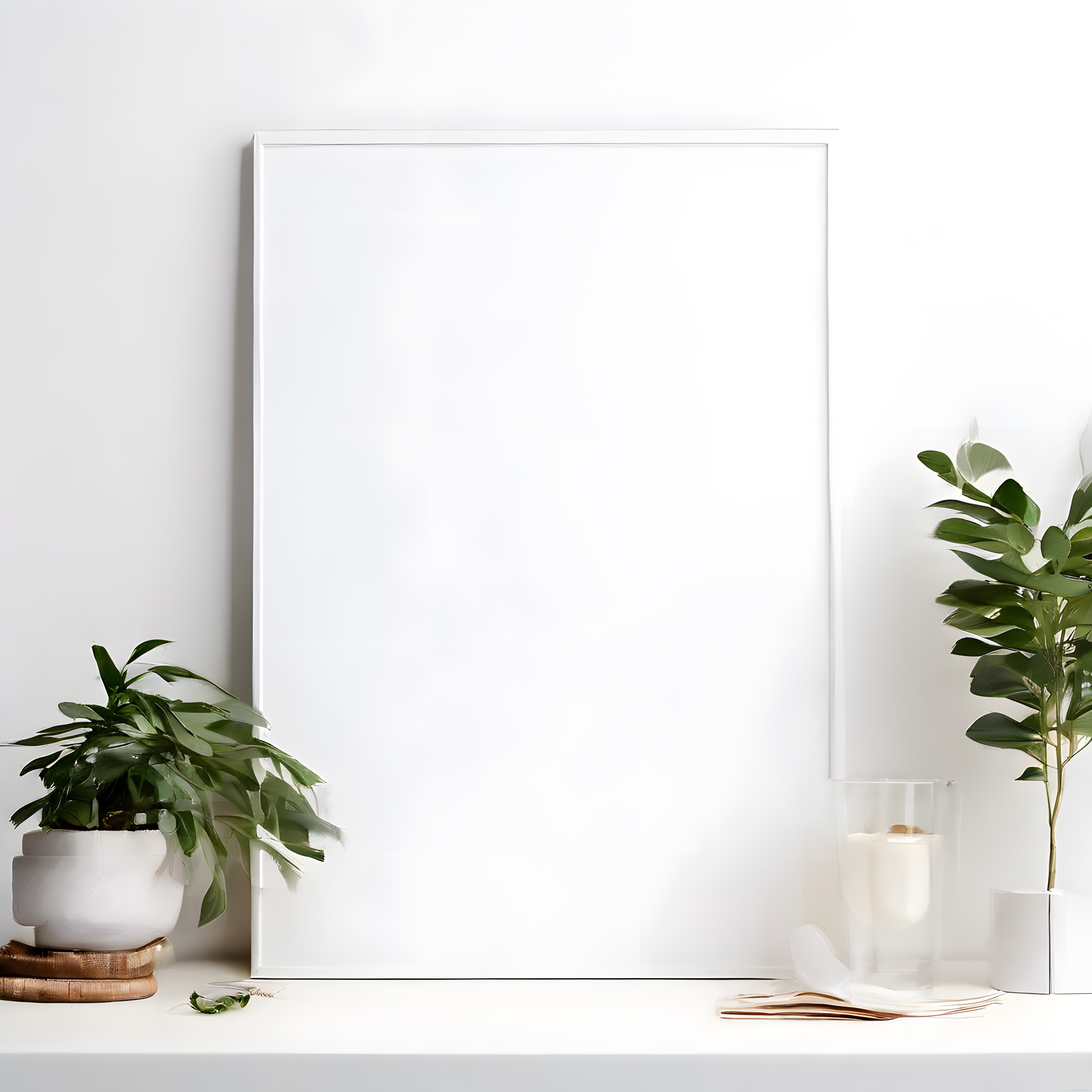 Minimalist Beyaz Oda Dekorasyonunda Boş Poster Çerçevesi ve Yeşil Bitkiler