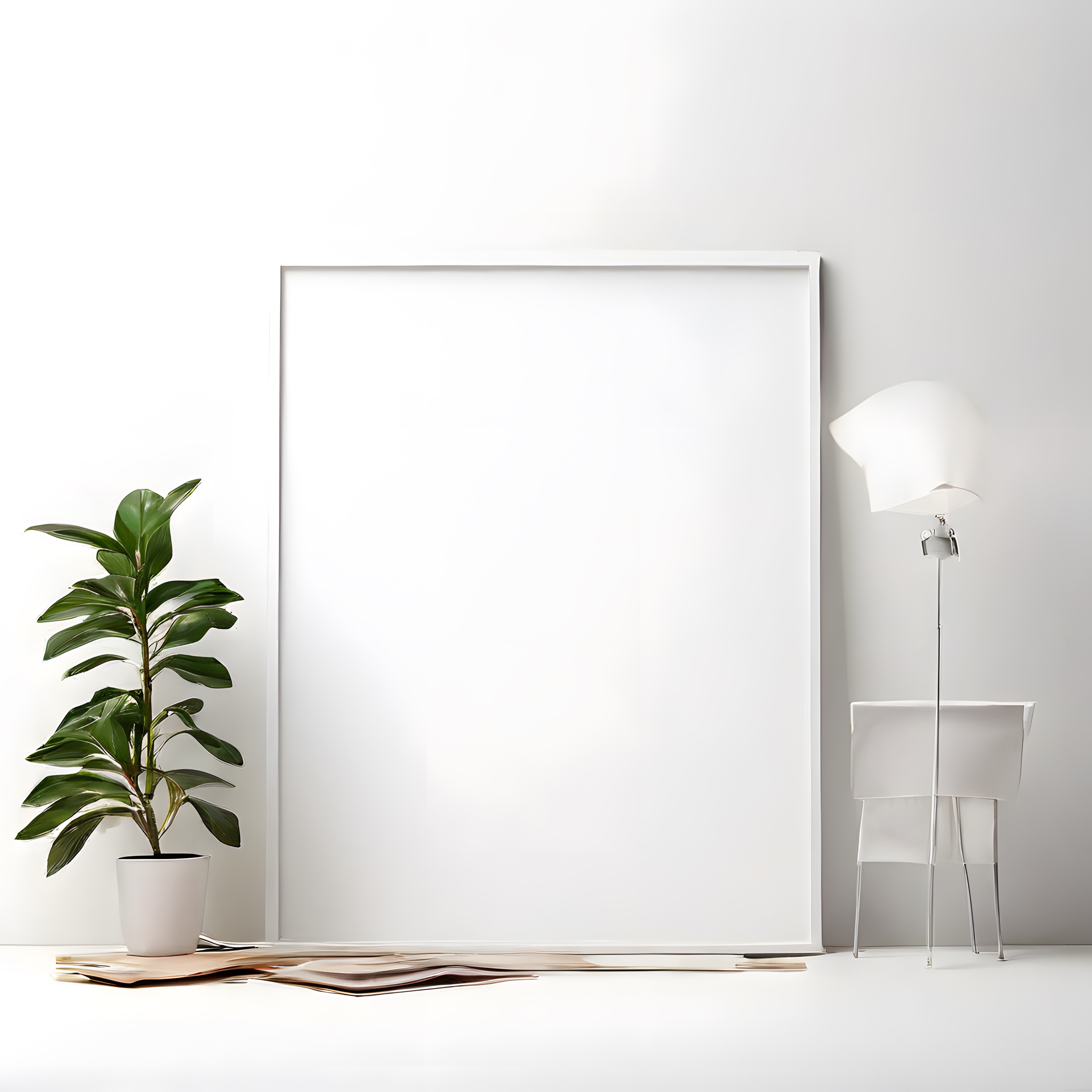 Minimalist Beyaz Oda Dekorasyonunda Modern Poster Çerçevesi ve Yeşil Bitki