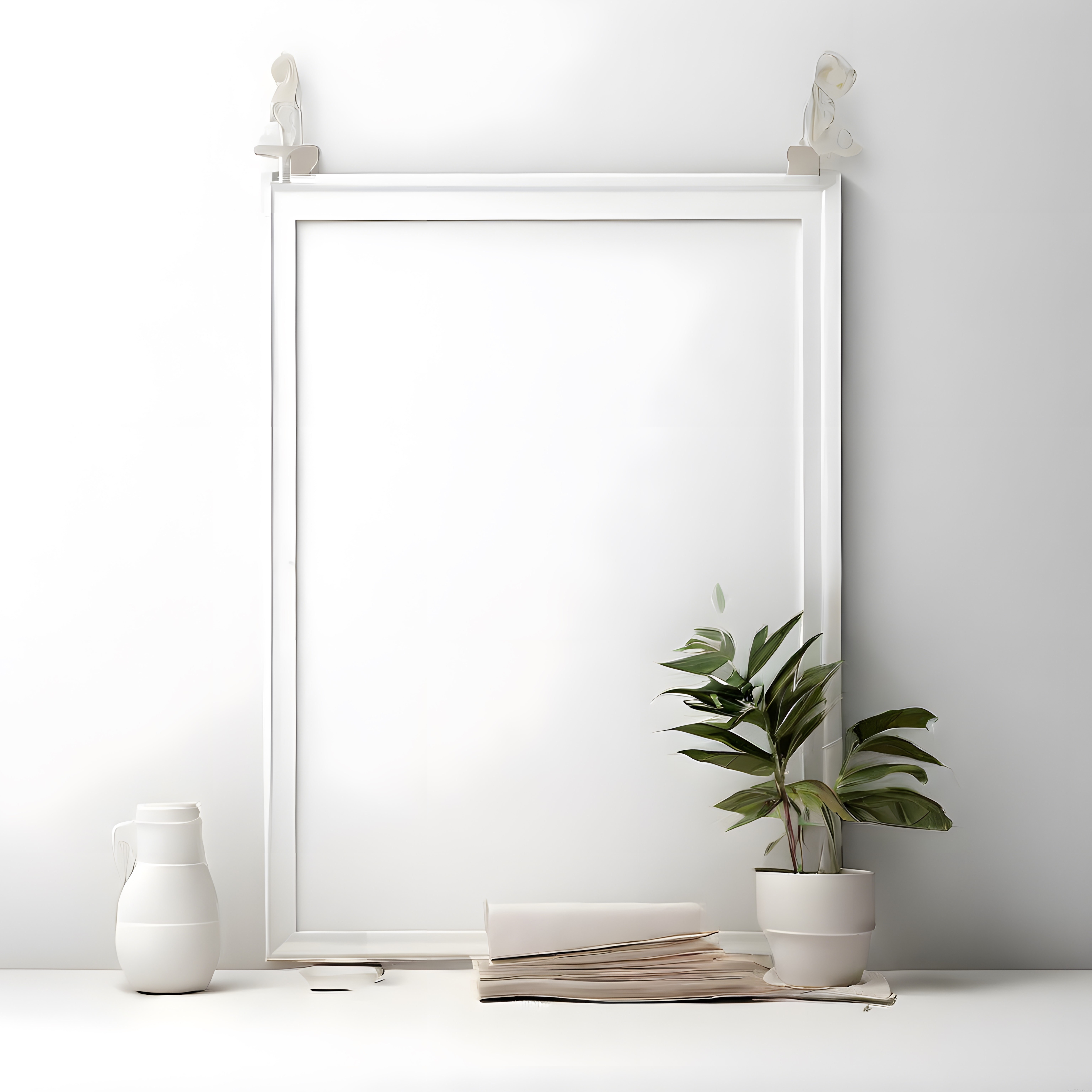 Minimalist Beyaz Oda Dekorunda Boş Çerçeve ve Saksı Bitkisi ile Sade Tasarım